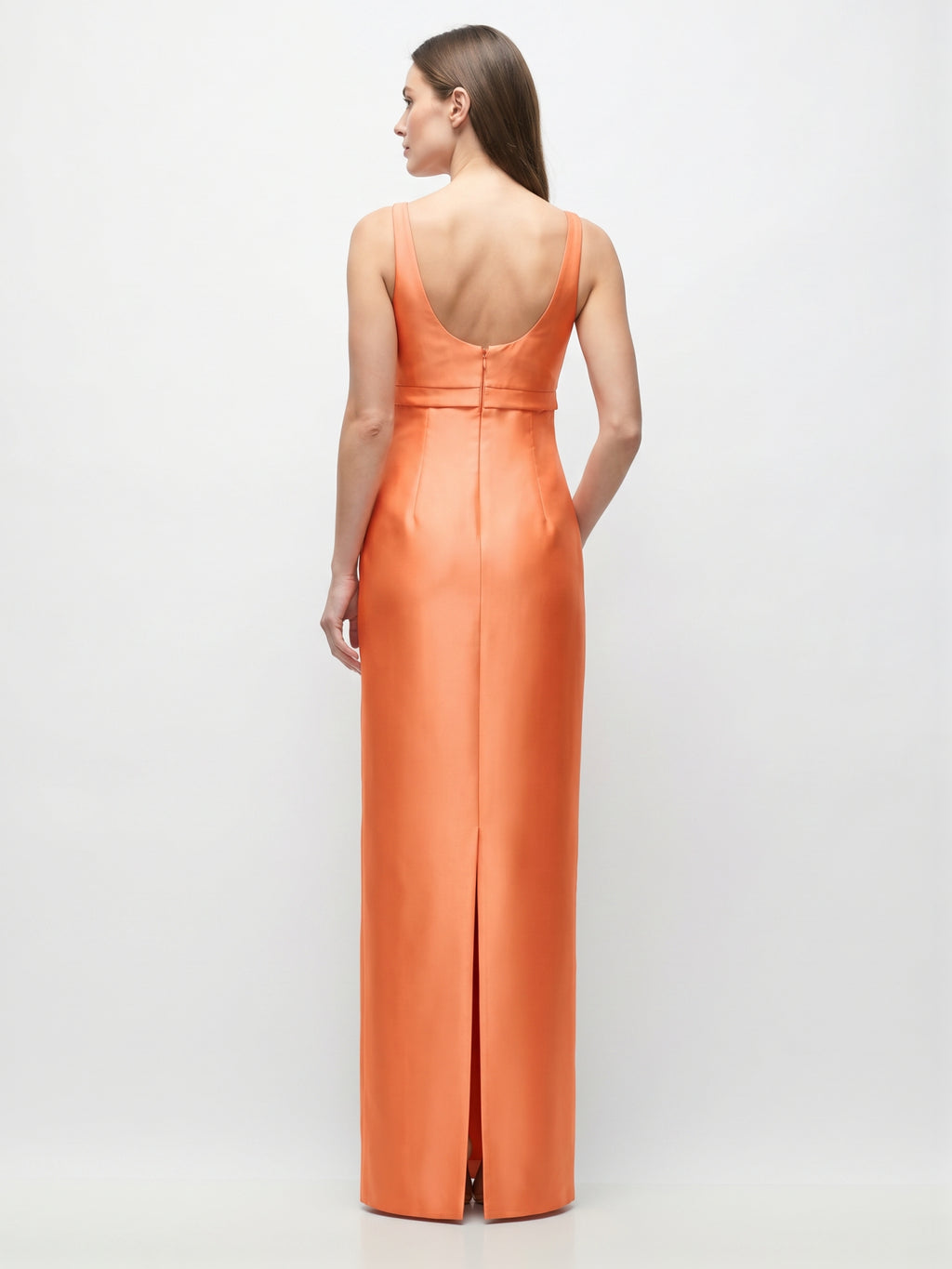 Refined Orange Satin Sheath Square Neck Backless Floor-Length Bridesmaid Dress with Bow