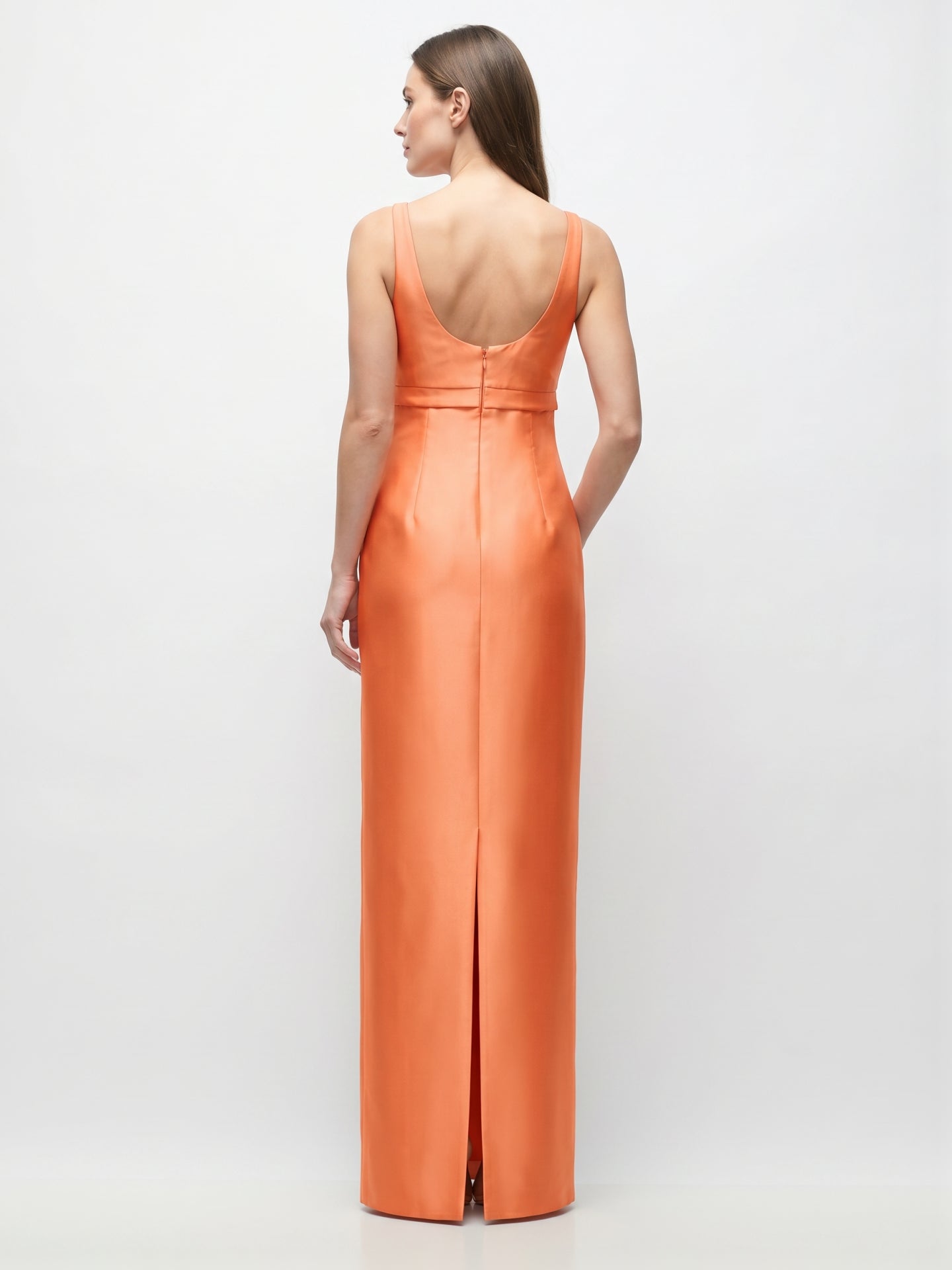 Refined Orange Satin Sheath Square Neck Backless Floor-Length Bridesmaid Dress with Bow