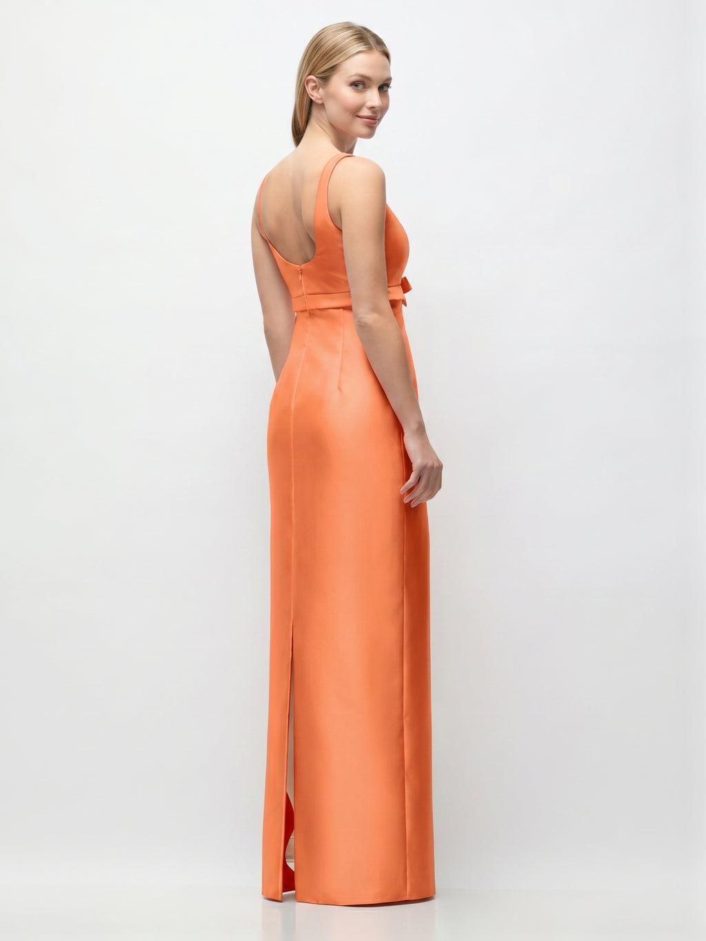Refined Orange Satin Sheath Square Neck Backless Floor-Length Bridesmaid Dress with Bow