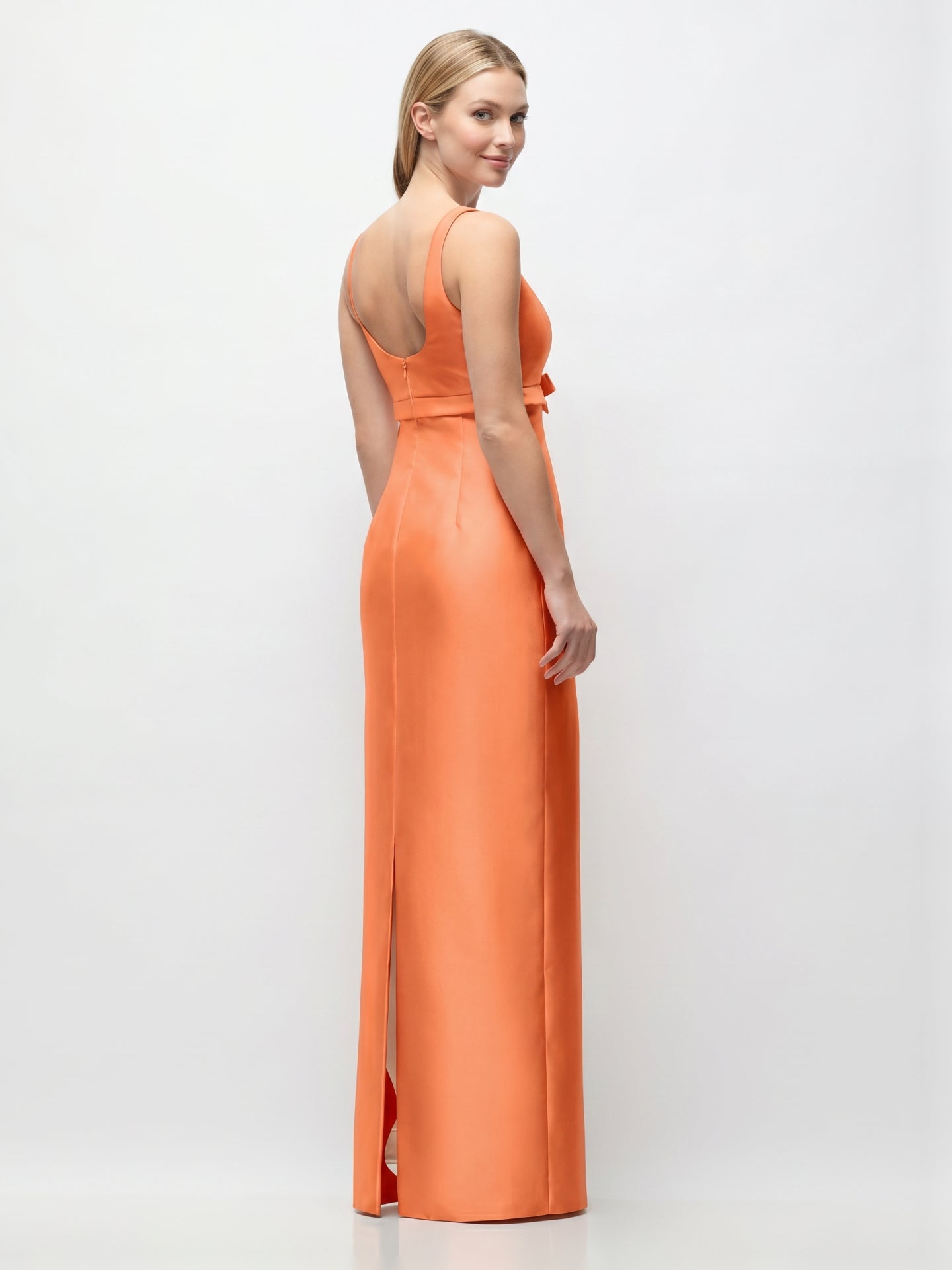 Refined Orange Satin Sheath Square Neck Backless Floor-Length Bridesmaid Dress with Bow
