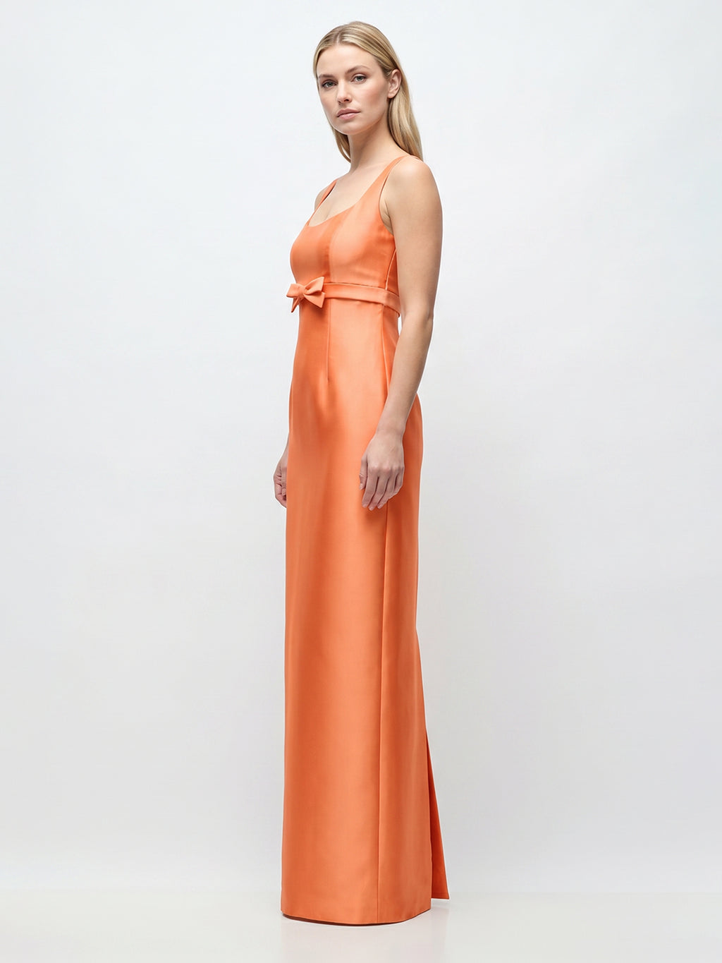 Refined Orange Satin Sheath Square Neck Backless Floor-Length Bridesmaid Dress with Bow