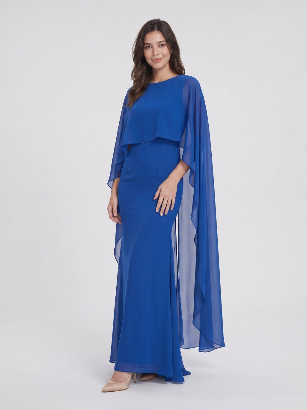 Regal Royal Blue Chiffon Trumpet Square Neck Floor-Length Evening Dress with Cape