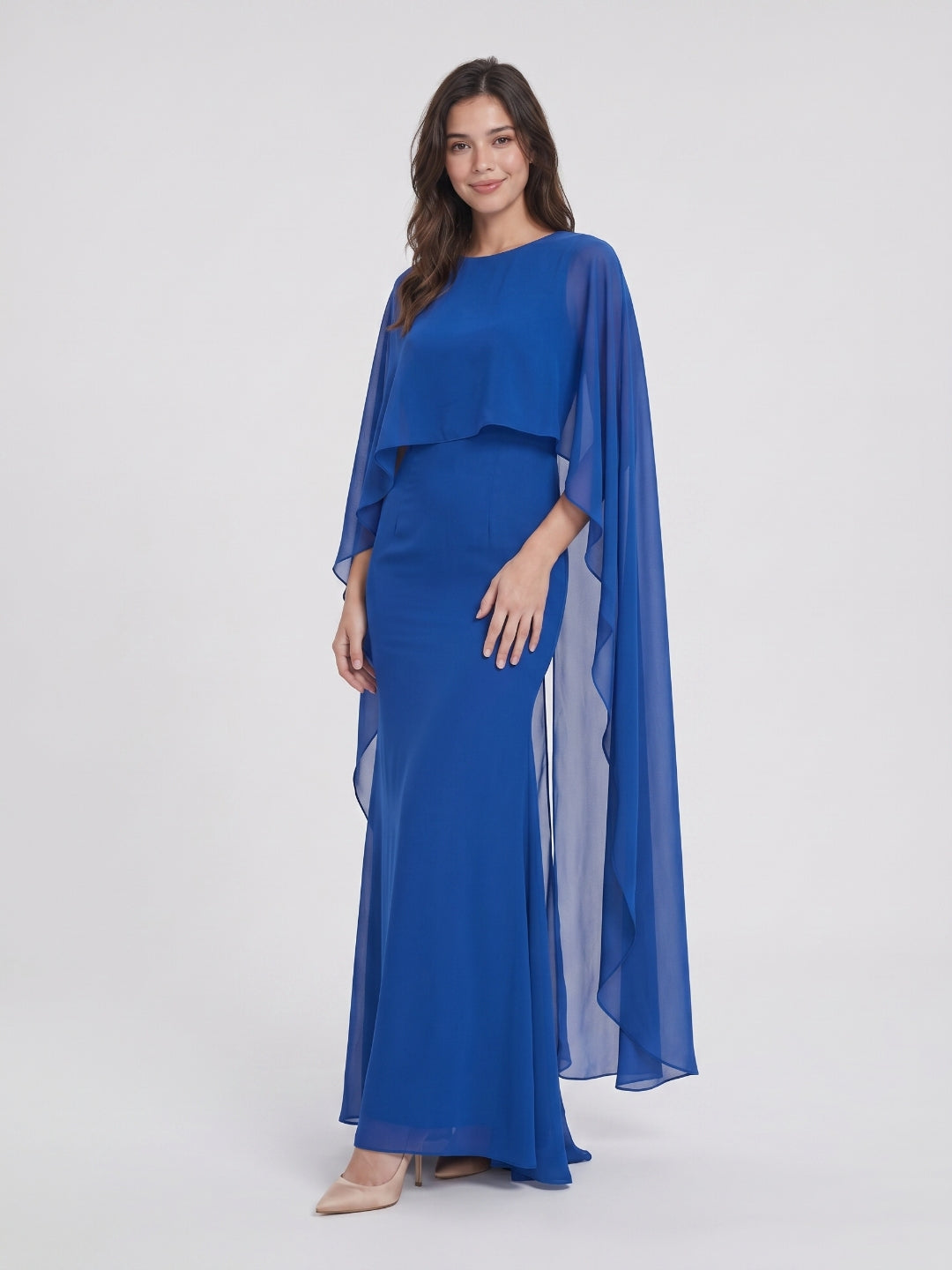Regal Royal Blue Chiffon Trumpet Square Neck Floor-Length Evening Dress with Cape