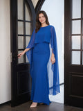 Regal Royal Blue Chiffon Trumpet Square Neck Floor-Length Evening Dress with Cape