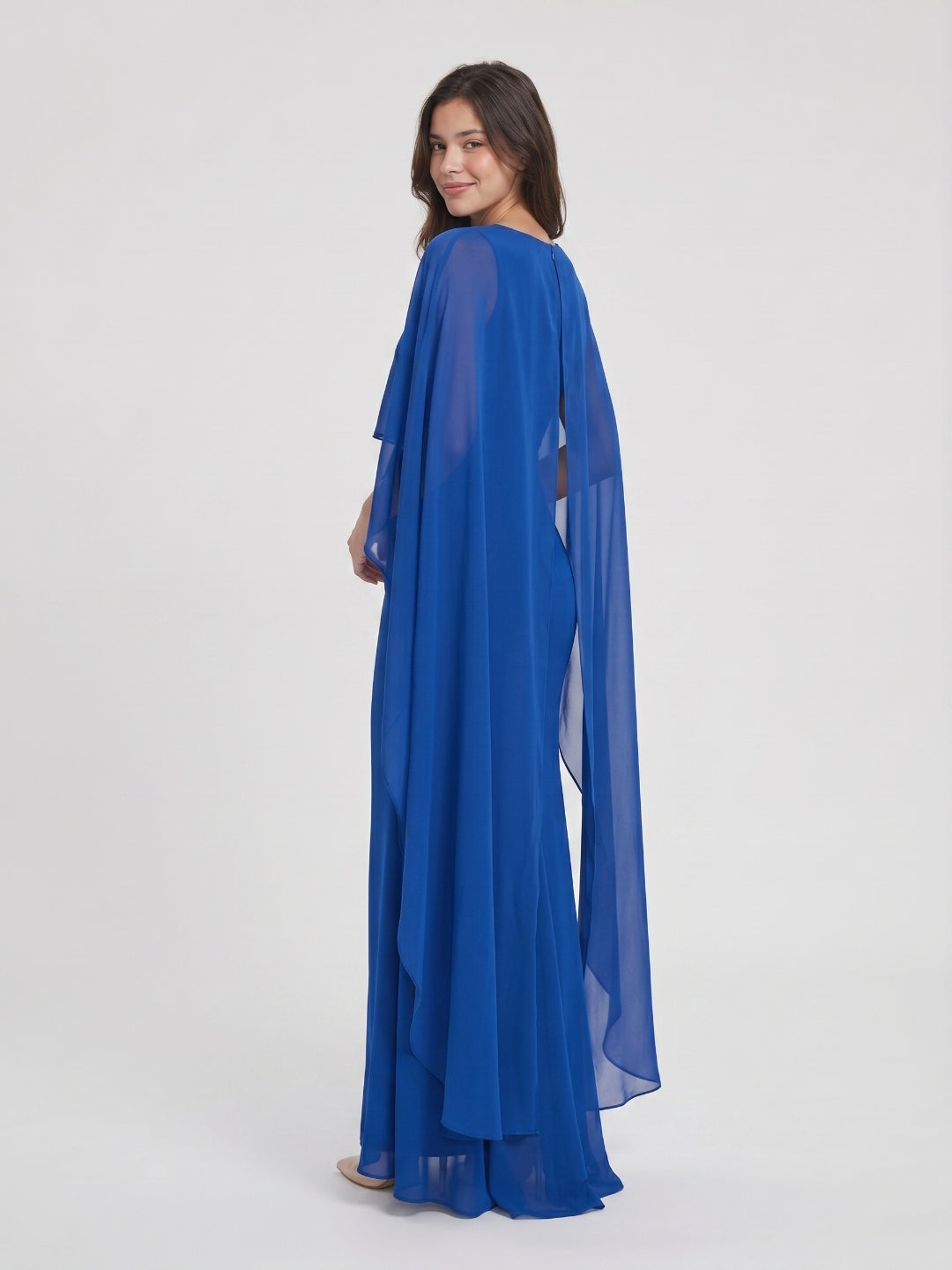 Regal Royal Blue Chiffon Trumpet Square Neck Floor-Length Evening Dress with Cape