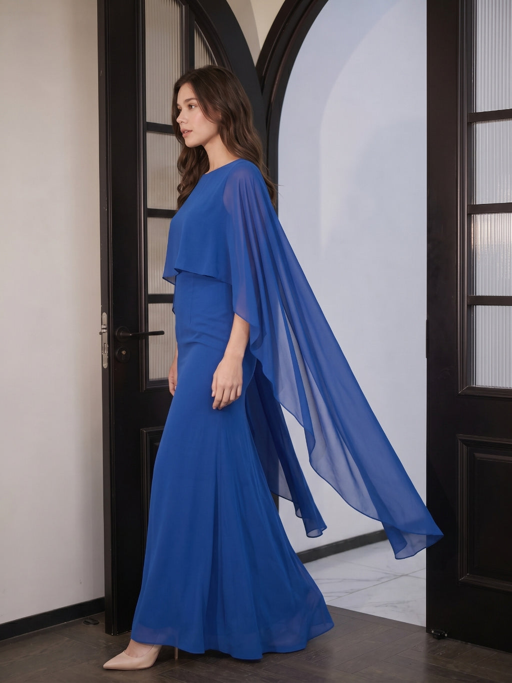 Regal Royal Blue Chiffon Trumpet Square Neck Floor-Length Evening Dress with Cape
