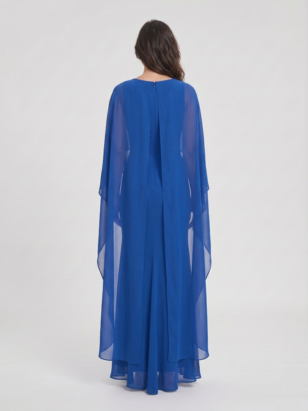 Regal Royal Blue Chiffon Trumpet Square Neck Floor-Length Evening Dress with Cape