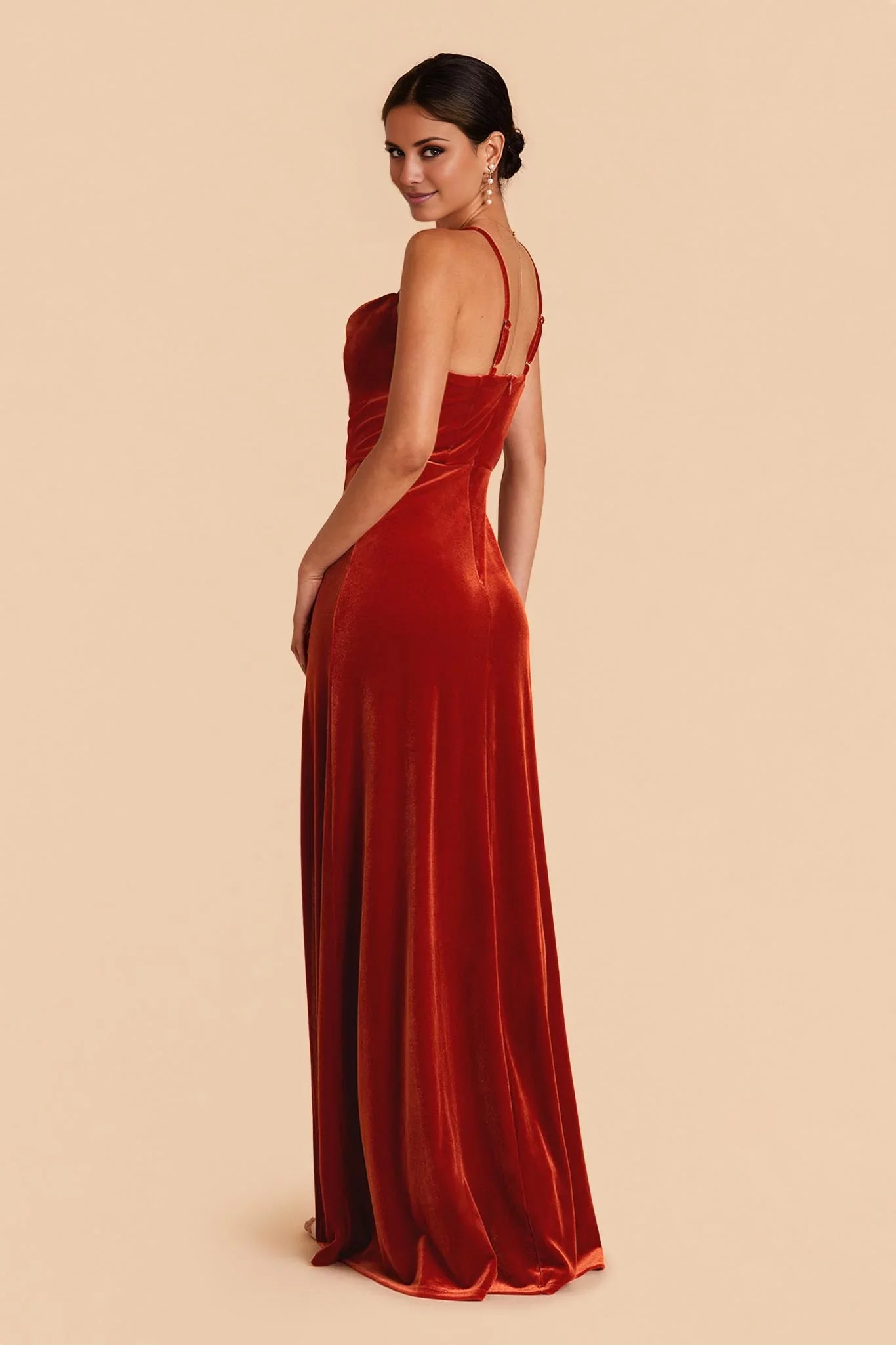 Rich Burnt Orange Velvet Square Neck Maxi Bridesmaid Dress with Adjustable Straps & High Side Slit