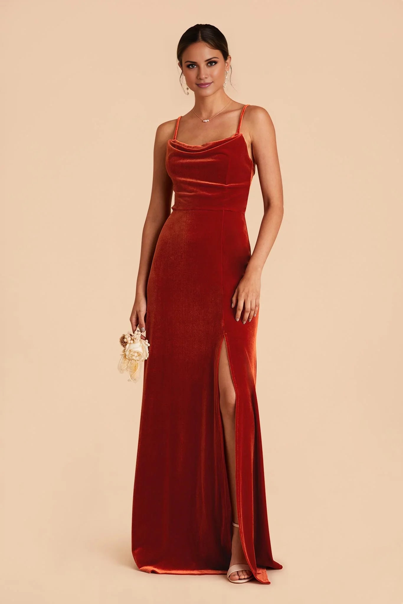 Rich Burnt Orange Velvet Square Neck Maxi Bridesmaid Dress with Adjustable Straps & High Side Slit