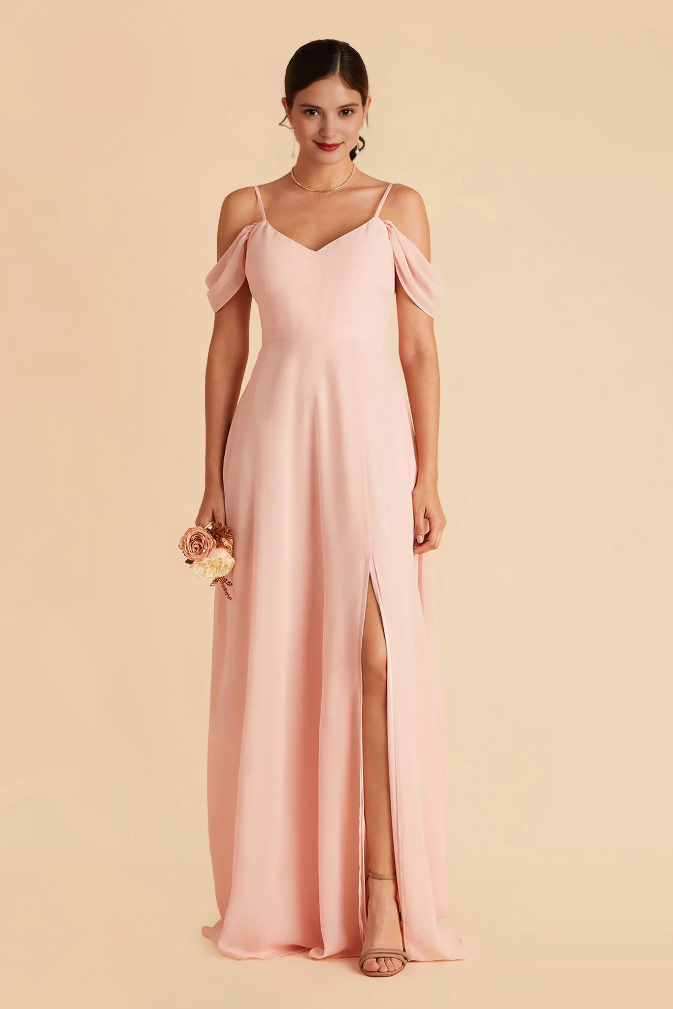 Romantic A-Line Chiffon Cold Shoulder Flutter Sleeve Zipper Back Floor Length Bridesmaid Dress