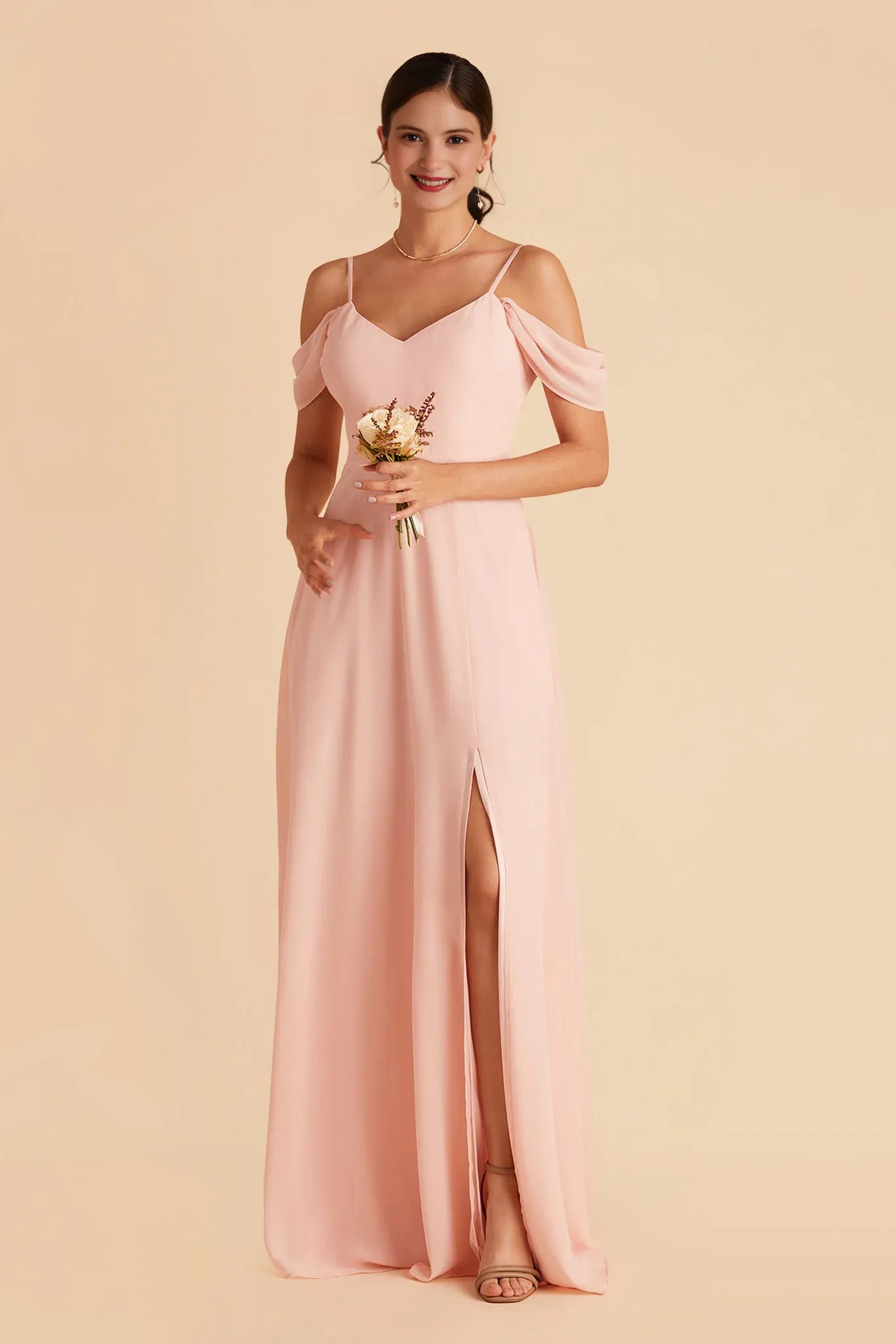 Romantic A-Line Chiffon Cold Shoulder Flutter Sleeve Zipper Back Floor Length Bridesmaid Dress