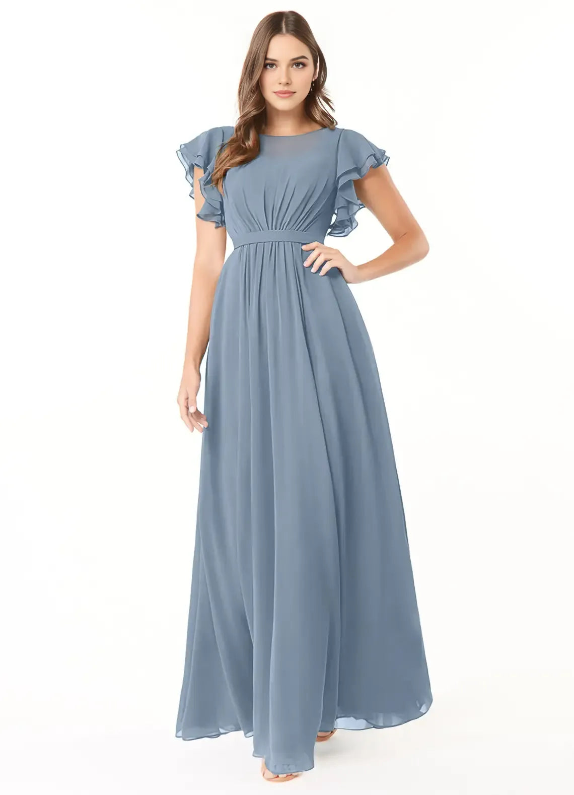 Romantic A-Line Chiffon Crew Neck Ruffle Sleeve Zipper Back Floor Length Bridesmaid Dress