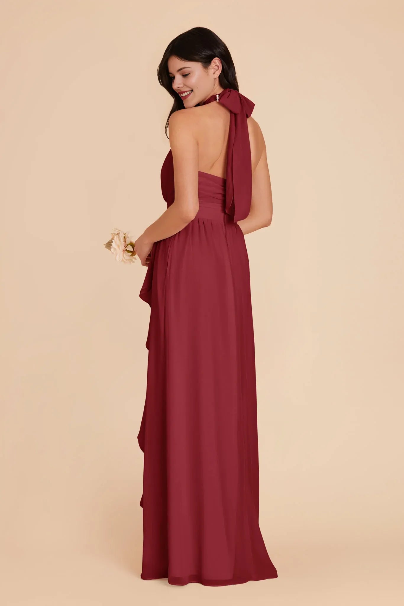 Romantic A-Line Chiffon Halter Neck Sleeveless Bow Back Floor Length Bridesmaid Dress