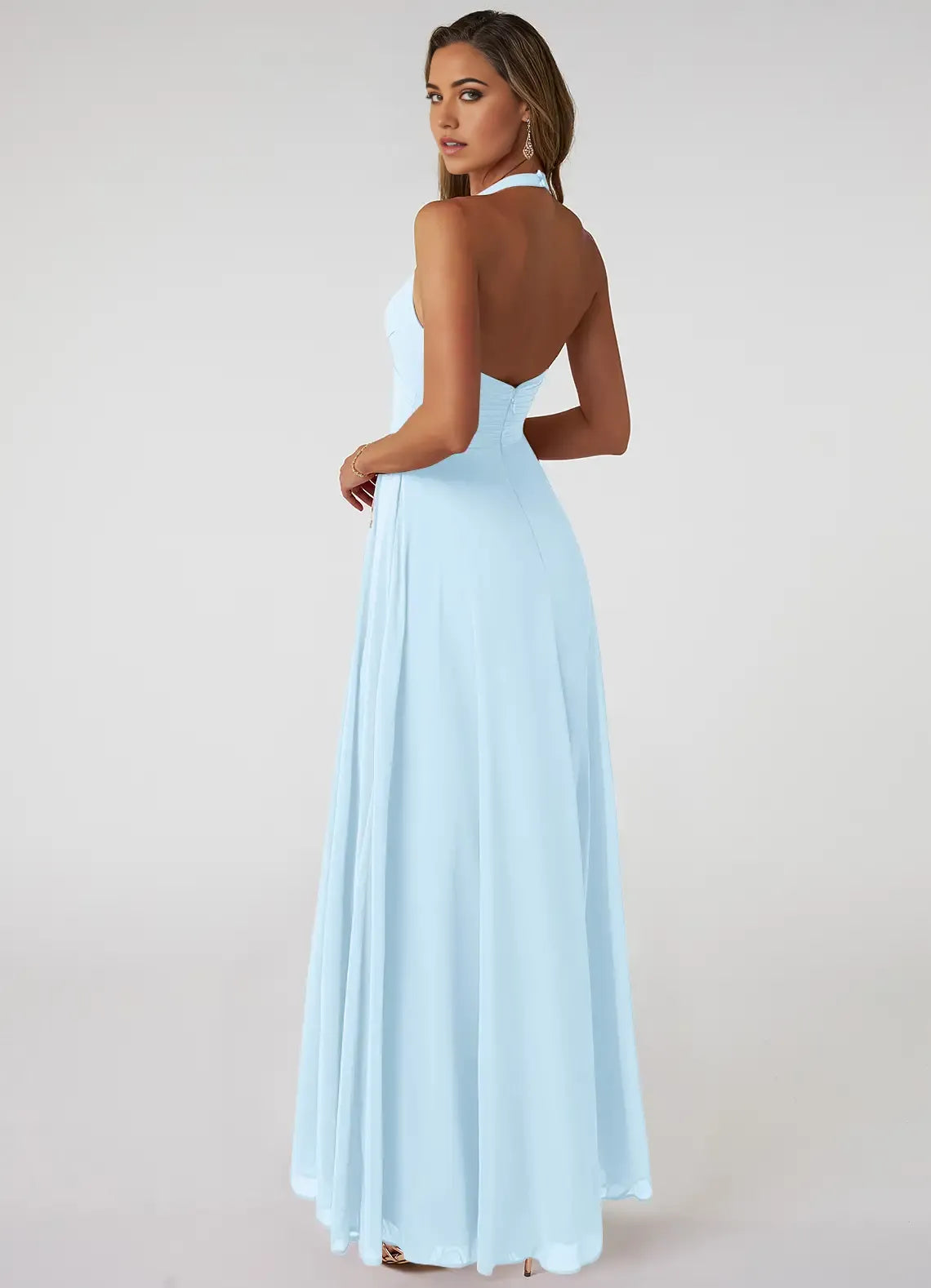 Romantic A-Line Chiffon Halter Neck Sleeveless Open Back Floor Length Bridesmaid Dress
