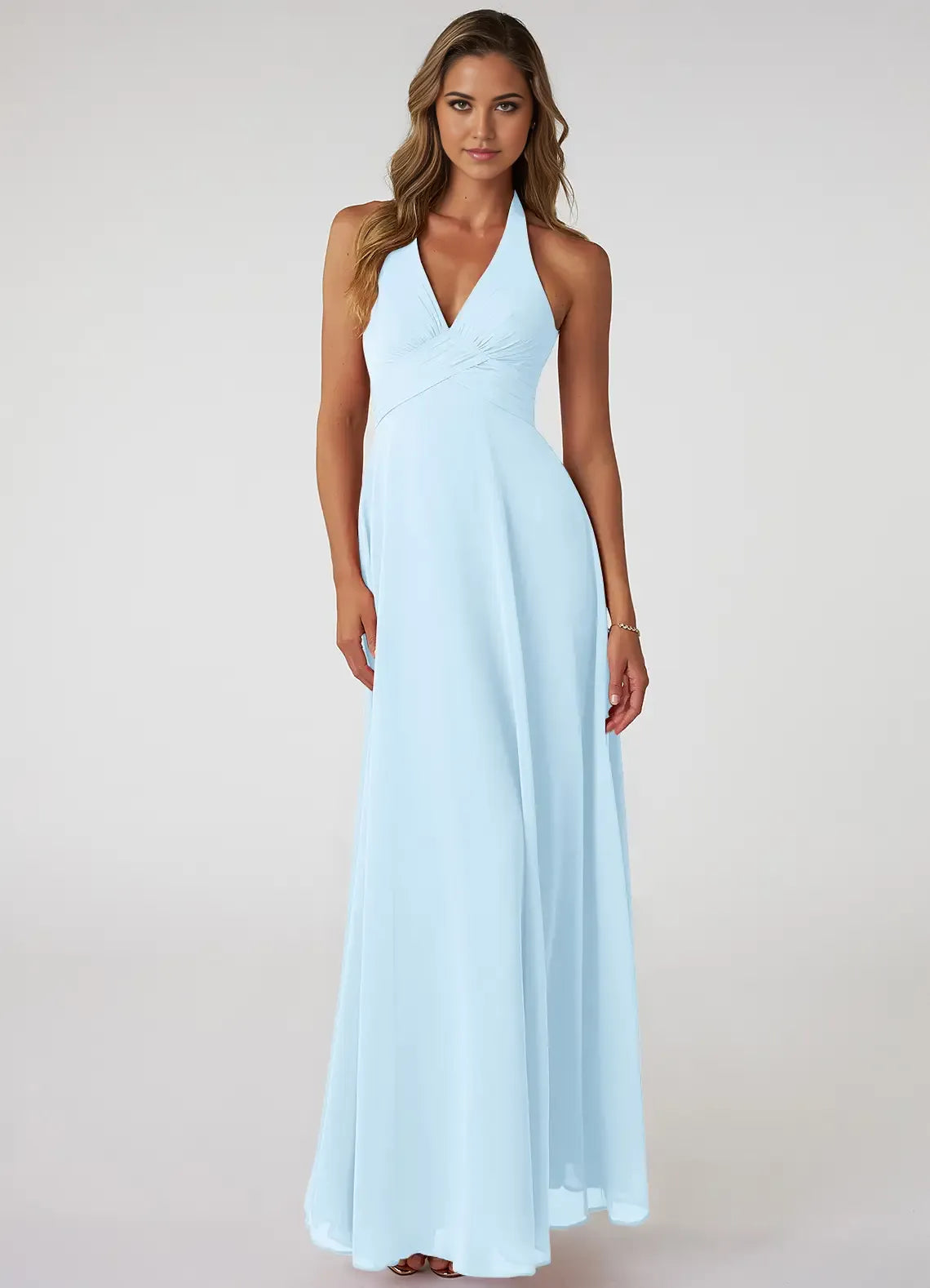 Romantic A-Line Chiffon Halter Neck Sleeveless Open Back Floor Length Bridesmaid Dress