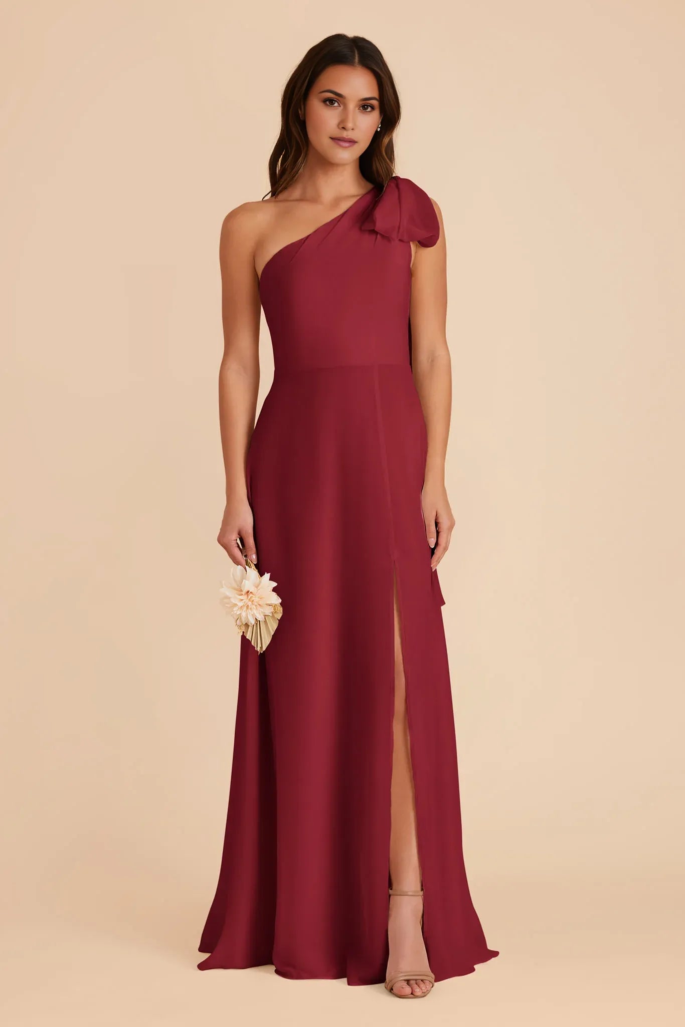 Romantic A-Line Chiffon One-Shoulder Bow Accent Open Back Floor Length Bridesmaid Dress