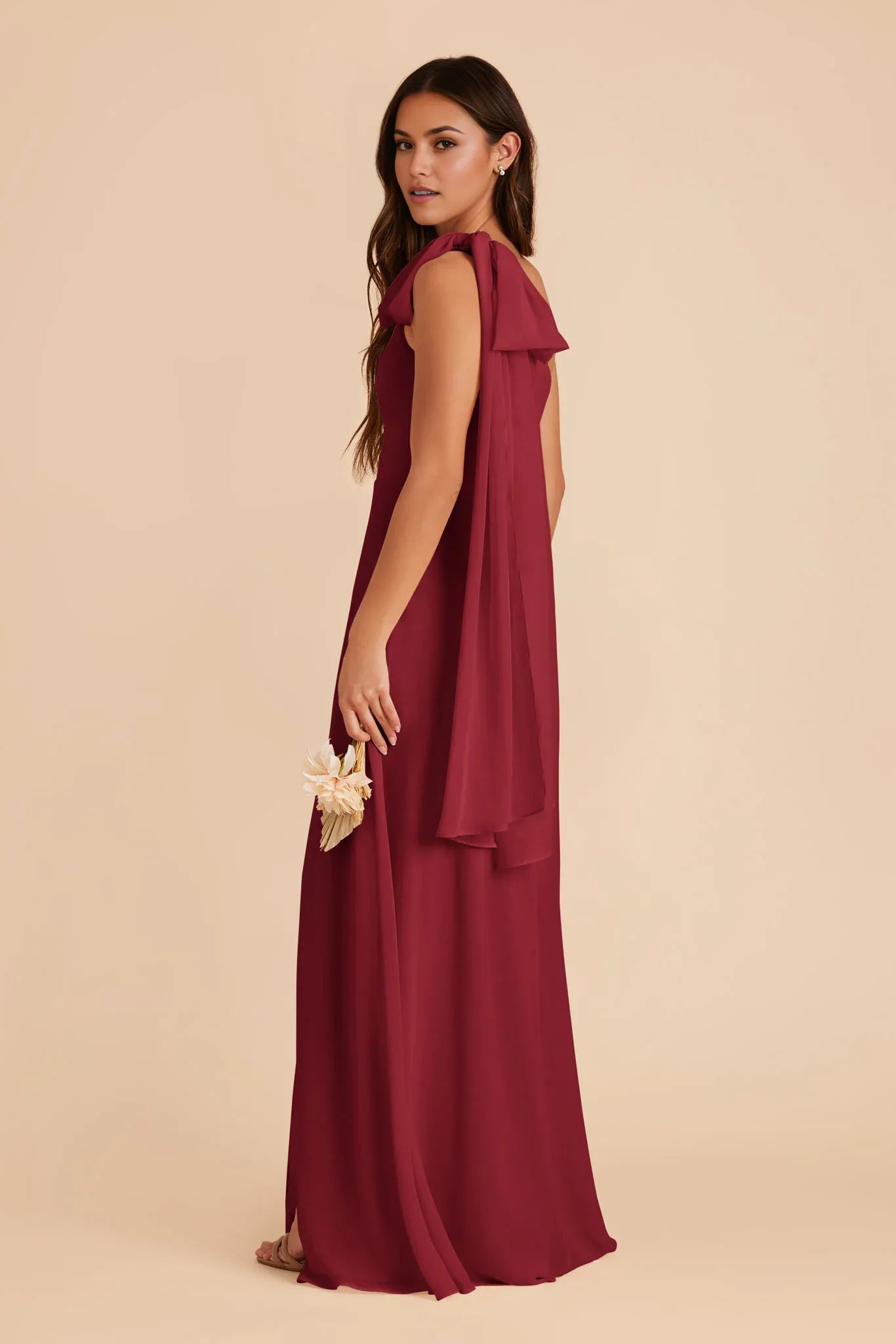 Romantic A-Line Chiffon One-Shoulder Bow Accent Open Back Floor Length Bridesmaid Dress