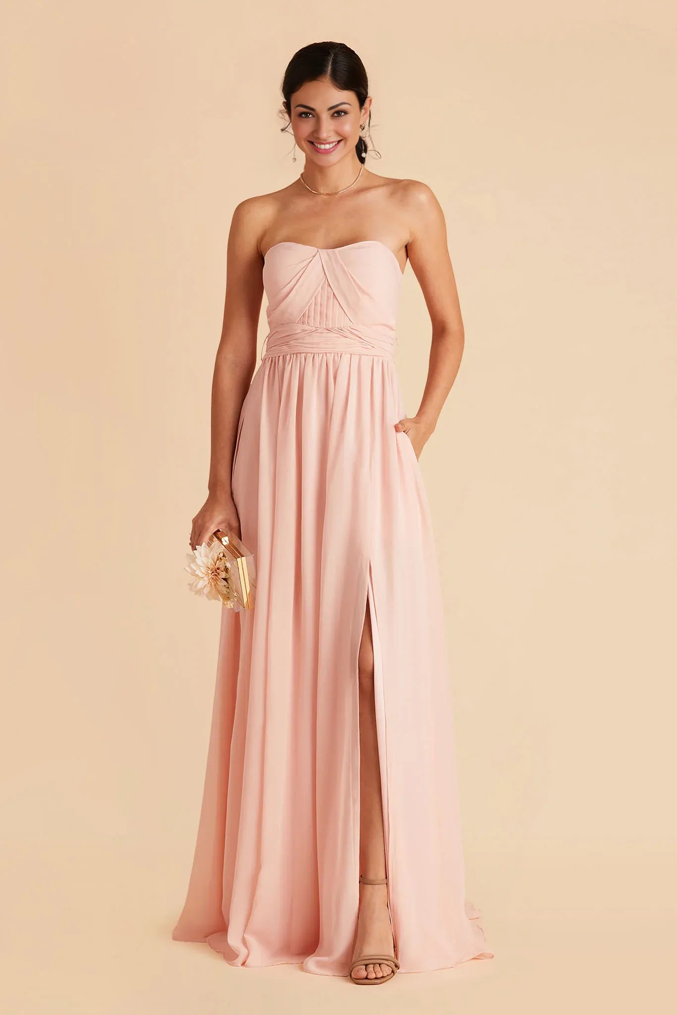 Romantic A-Line Chiffon Strapless Sleeveless Zipper Back Floor Length Bridesmaid Dress