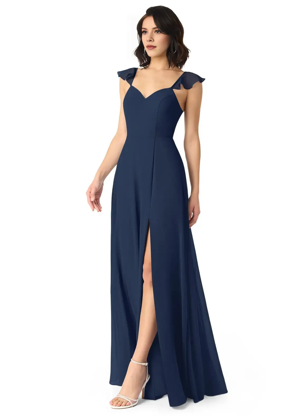 Romantic A-Line Chiffon Sweetheart Ruffle Sleeve Bow Back Floor Length Bridesmaid Dress