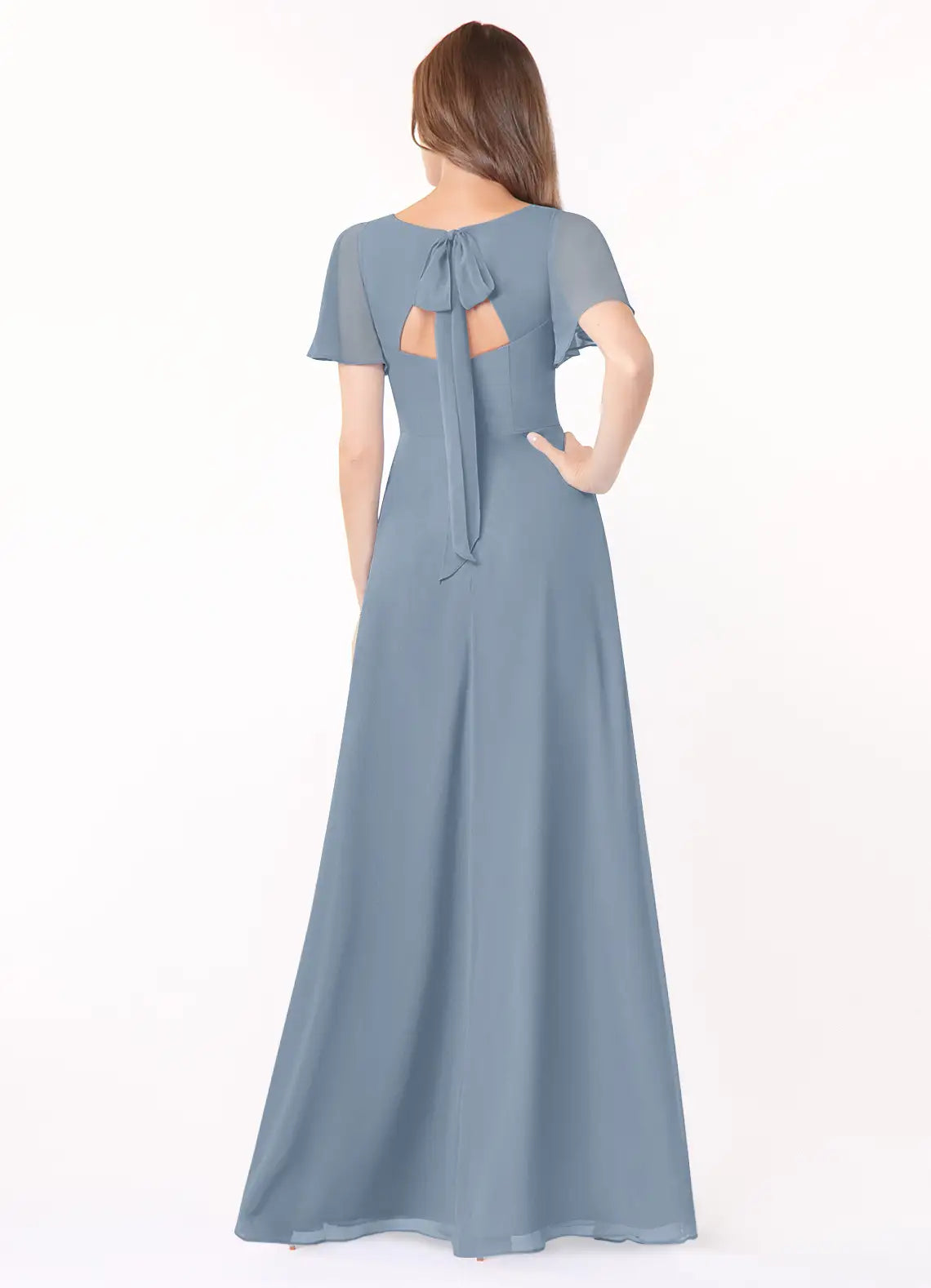 Romantic A-Line Chiffon V Neck Flutter Sleeve Cut Out Bow Back Floor Length Bridesmaid Dress