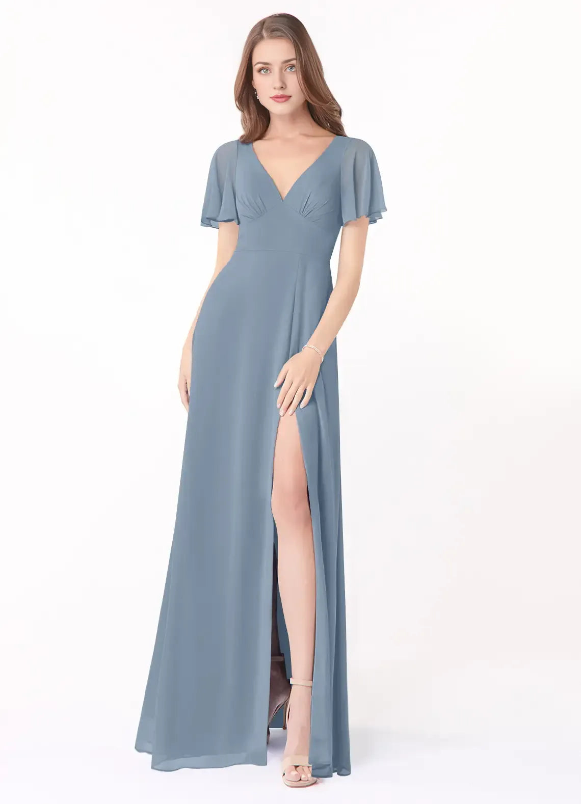 Romantic A-Line Chiffon V Neck Flutter Sleeve Cut Out Bow Back Floor Length Bridesmaid Dress