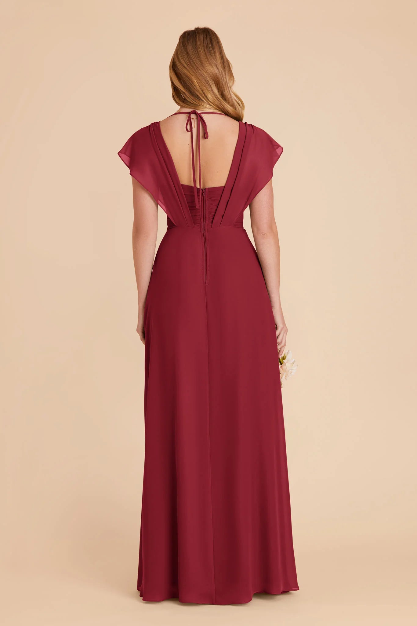 Romantic A-Line Chiffon V Neck Flutter Sleeve Zipper Back Floor Length Bridesmaid Dress