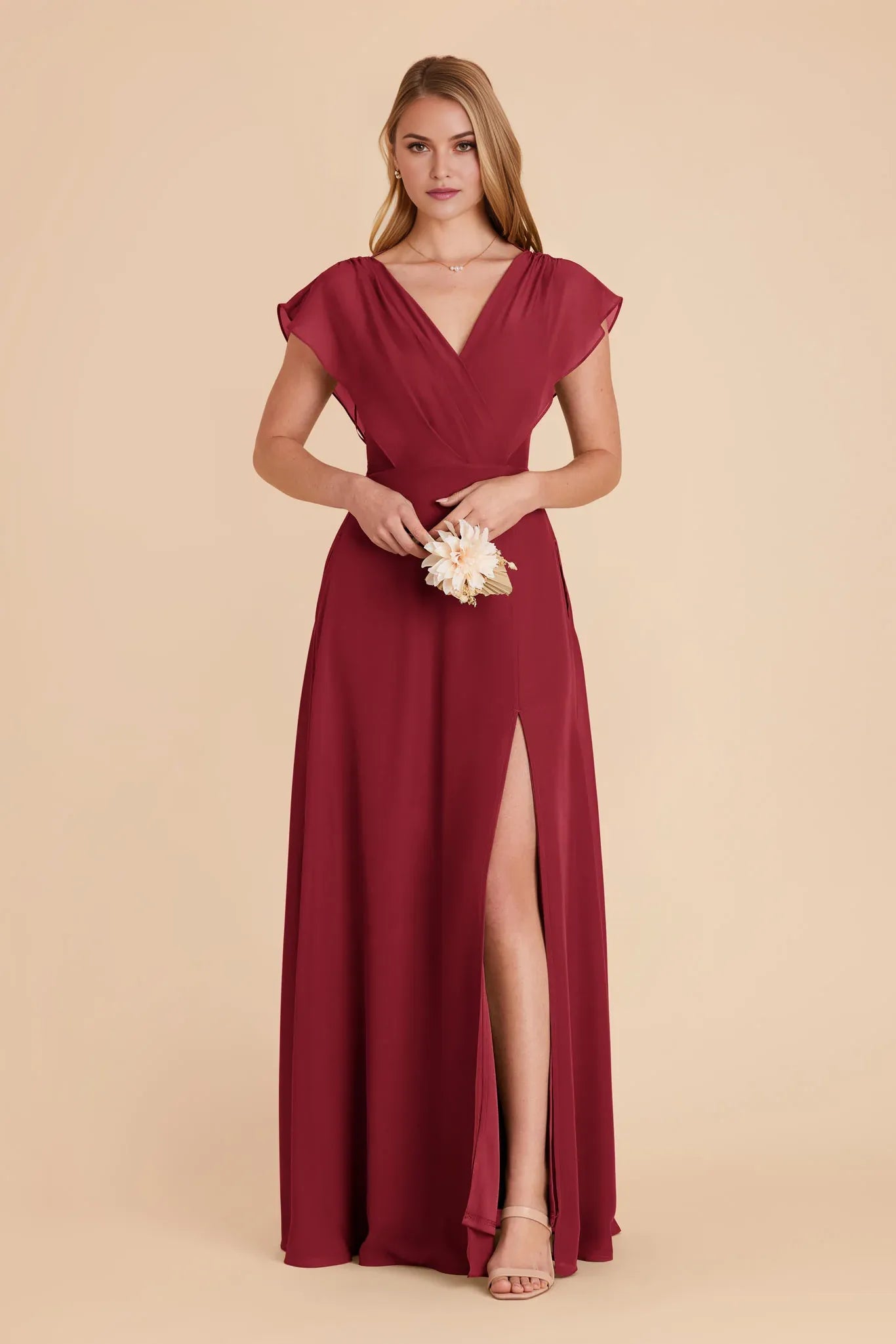 Romantic A-Line Chiffon V Neck Flutter Sleeve Zipper Back Floor Length Bridesmaid Dress