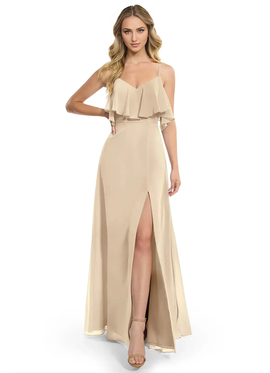 Romantic A-Line Chiffon V-Neck Ruffle Sleeve Open Back Floor Length Bridesmaid Dress