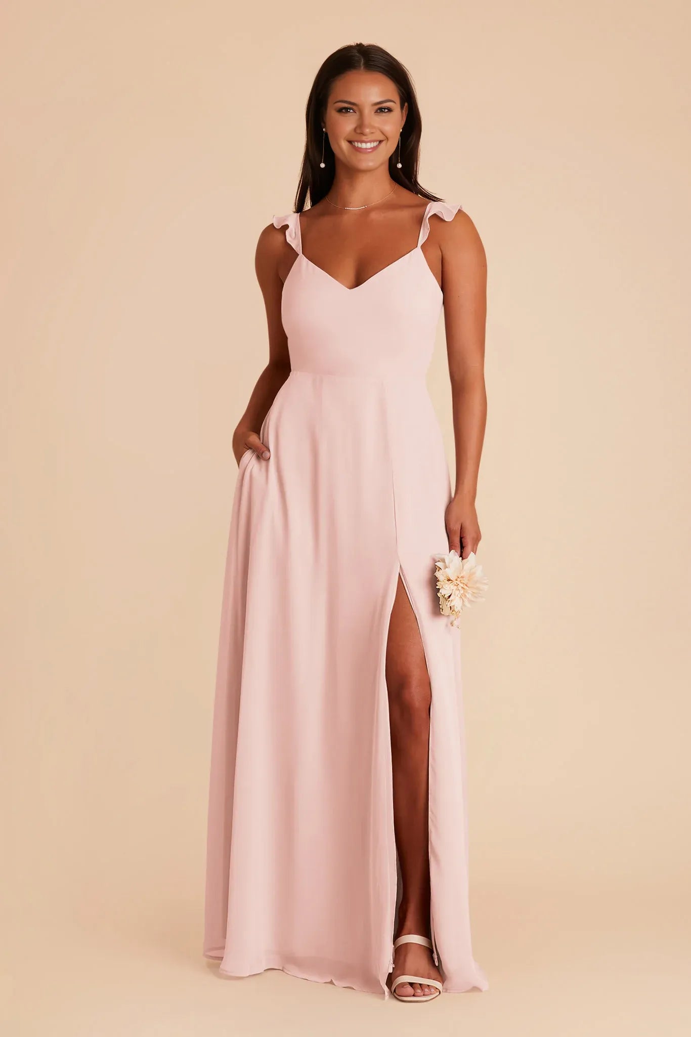 Romantic A-Line Chiffon V Neck Ruffle Strap Bow Back Floor Length Bridesmaid Dress
