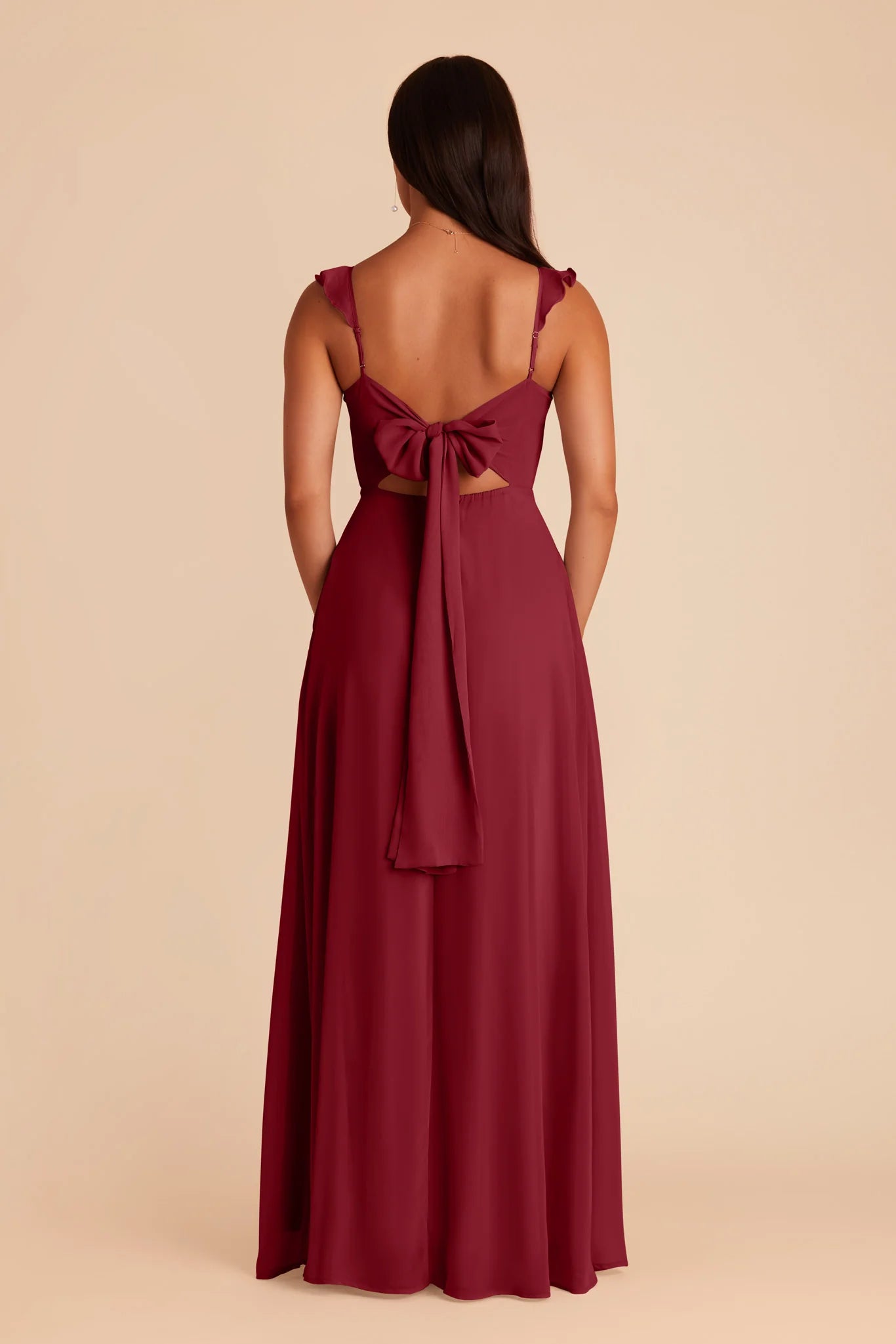 Romantic A-Line Chiffon V Neck Ruffled Strap Bow Cutout Back Floor Length Bridesmaid Dress
