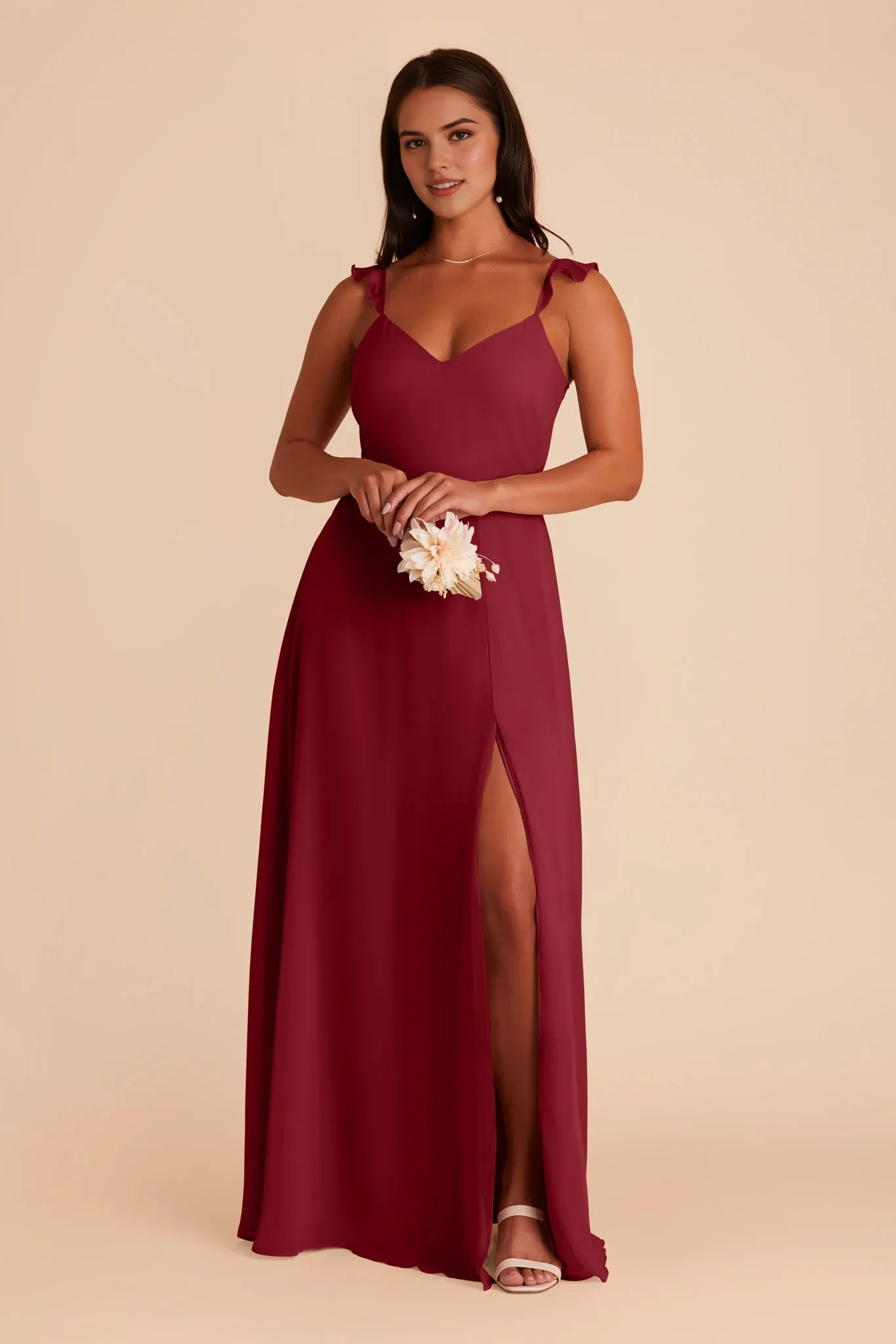 Romantic A-Line Chiffon V Neck Ruffled Strap Bow Cutout Back Floor Length Bridesmaid Dress