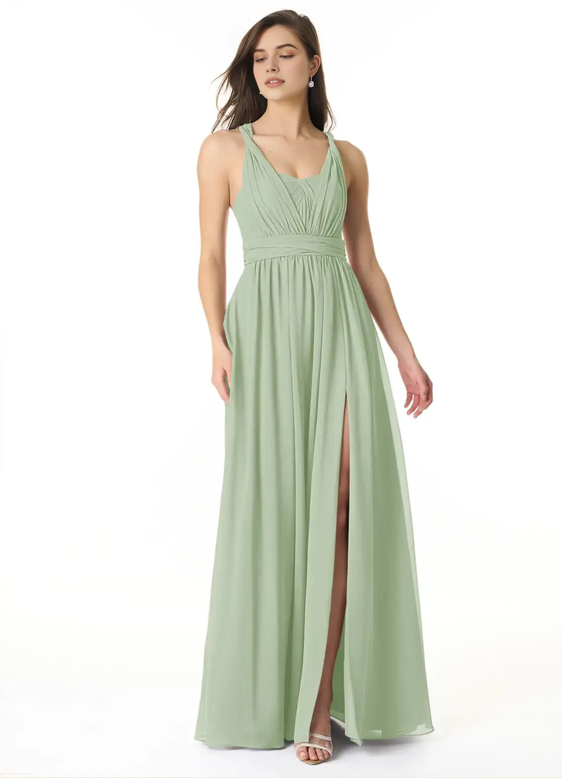 Romantic A-Line Chiffon V Neck Sleeveless Cross Back Bow Floor Length Bridesmaid Dress