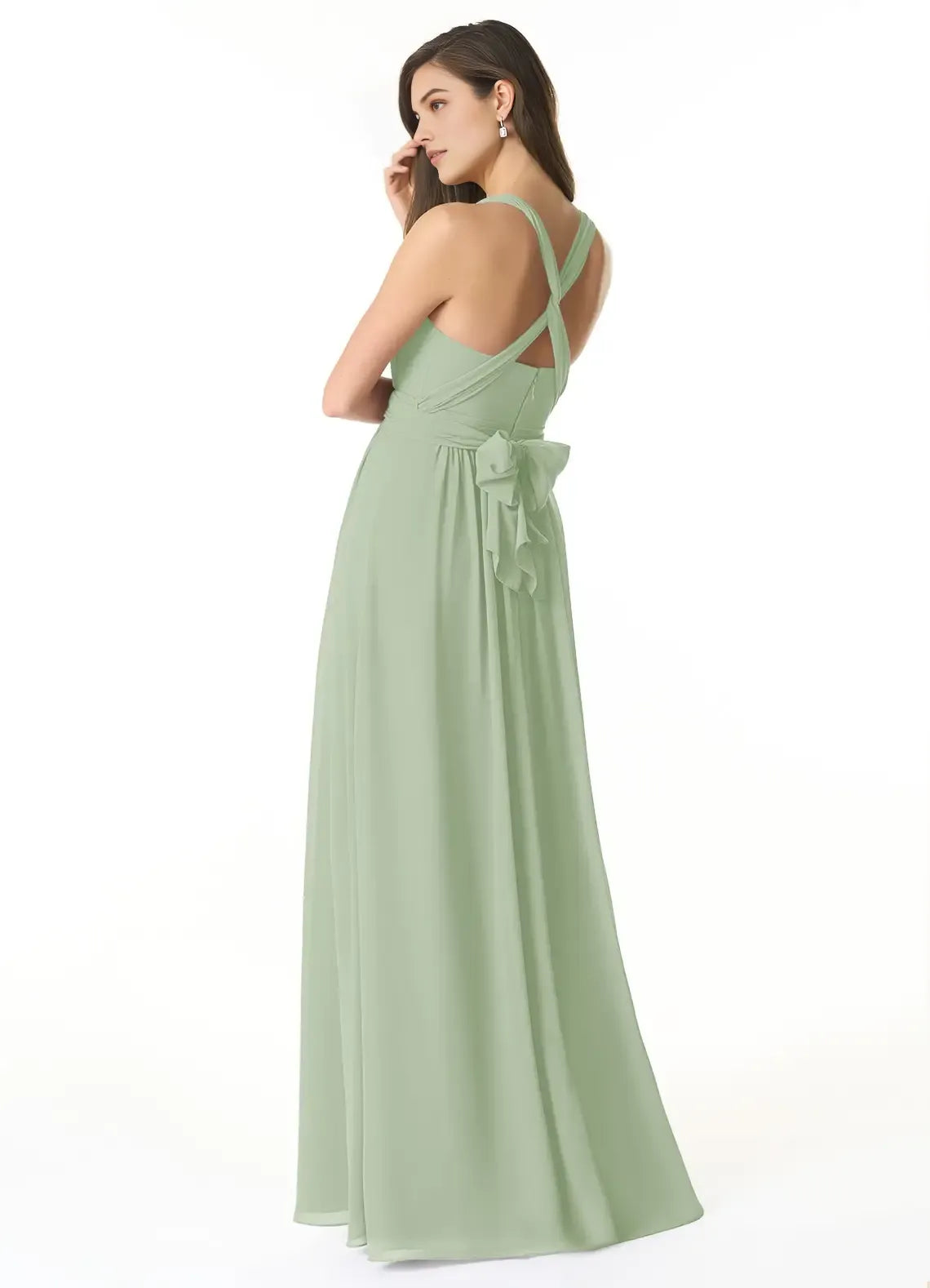 Romantic A-Line Chiffon V Neck Sleeveless Cross Back Bow Floor Length Bridesmaid Dress