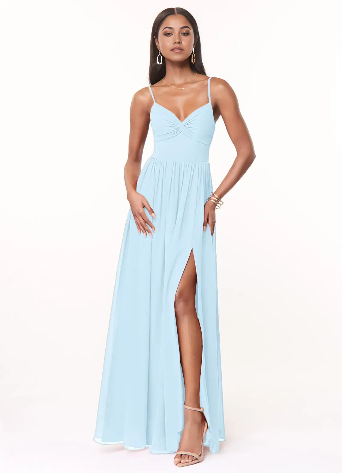 Romantic A-Line Chiffon V Neck Spaghetti Strap Bow Cutout Back Floor Length Bridesmaid Dress