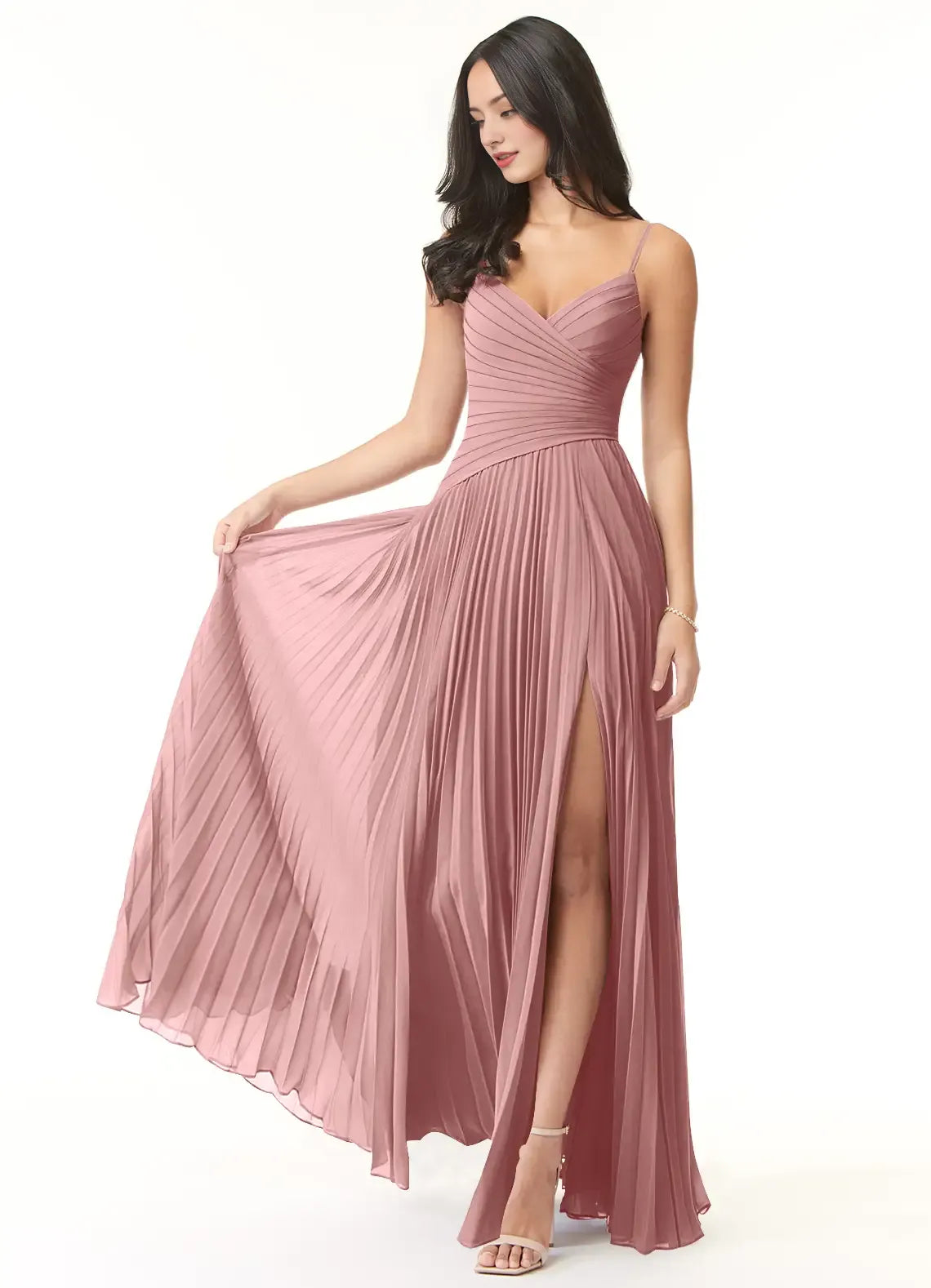 Romantic A-Line Chiffon V-Neck Spaghetti-Strap Open-Back Floor-Length Bridesmaid Dress