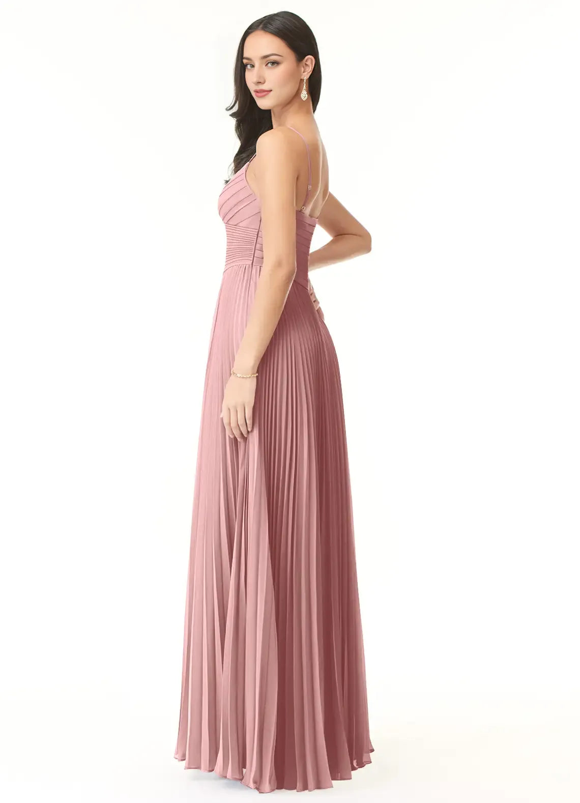 Romantic A-Line Chiffon V-Neck Spaghetti-Strap Open-Back Floor-Length Bridesmaid Dress