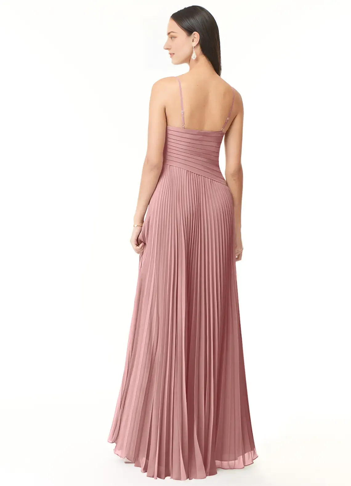 Romantic A-Line Chiffon V-Neck Spaghetti-Strap Open-Back Floor-Length Bridesmaid Dress