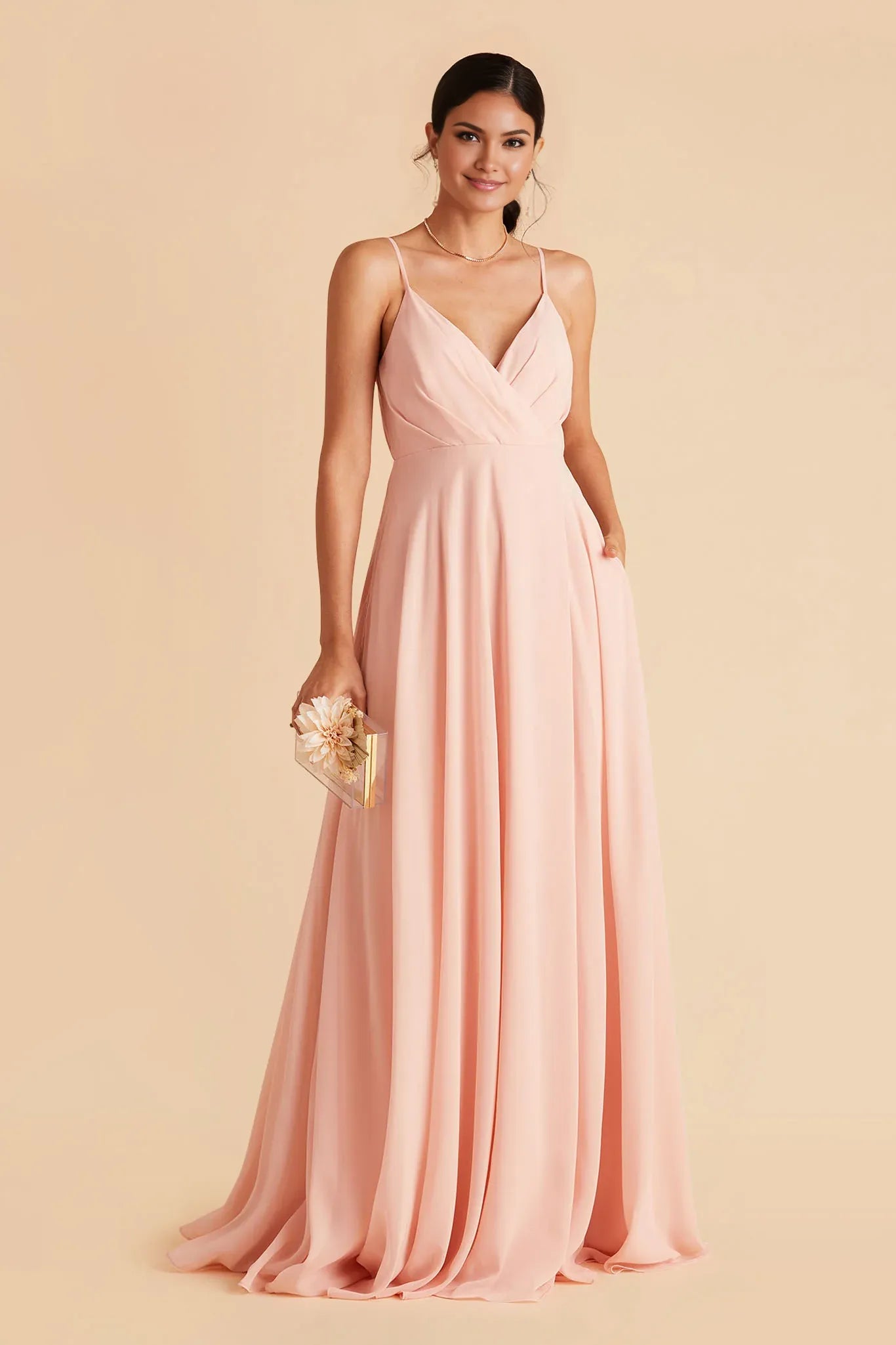 Romantic A-Line Chiffon V Neck Spaghetti Strap Zipper Back Floor Length Bridesmaid Dress