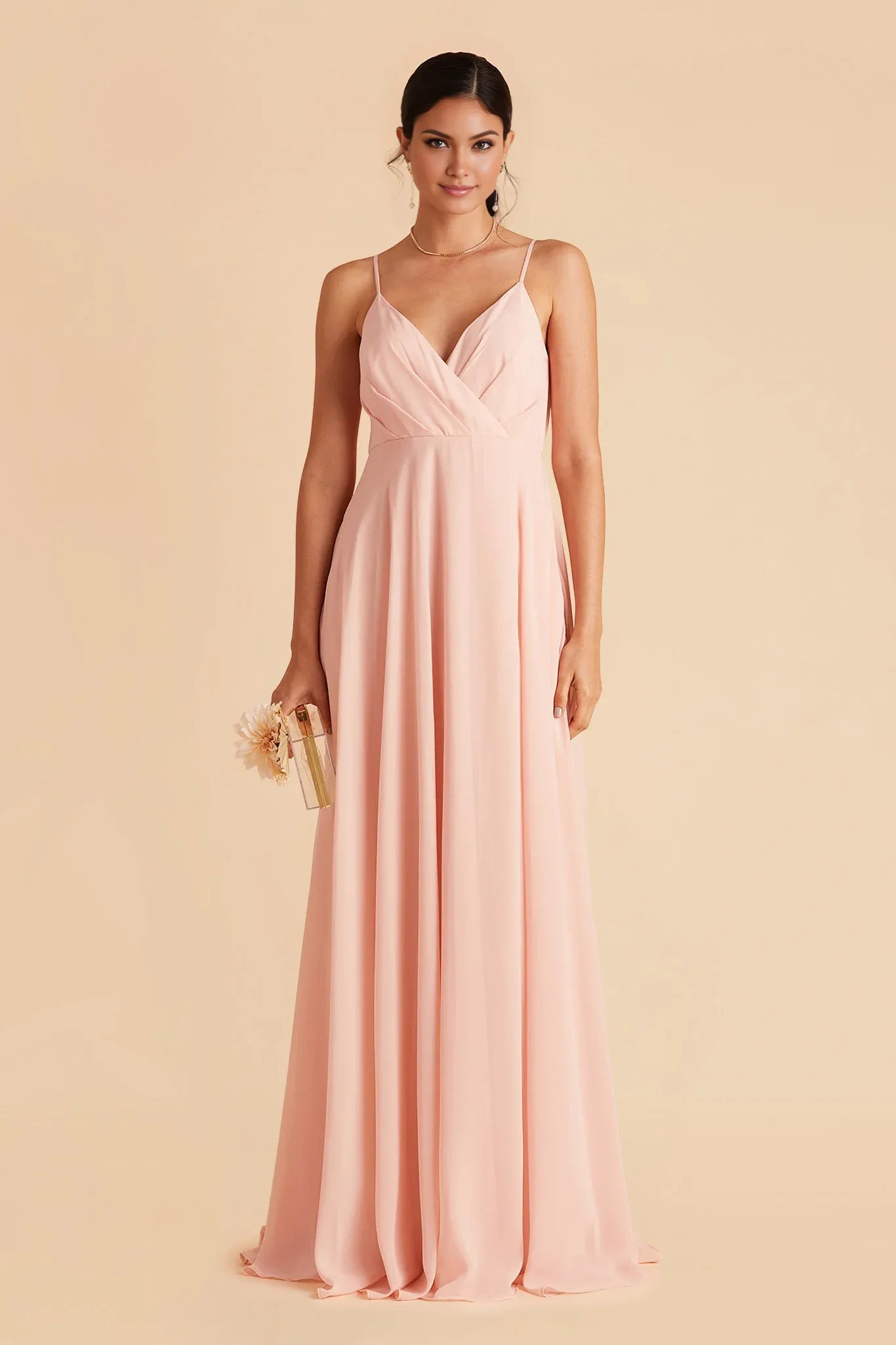 Romantic A-Line Chiffon V Neck Spaghetti Strap Zipper Back Floor Length Bridesmaid Dress