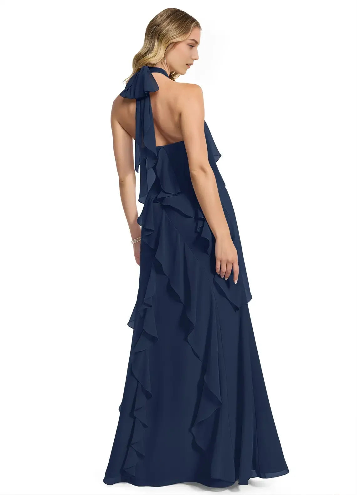Romantic A-Line Halter Neck Sleeveless Open Back Floor Length Bridesmaid Dress