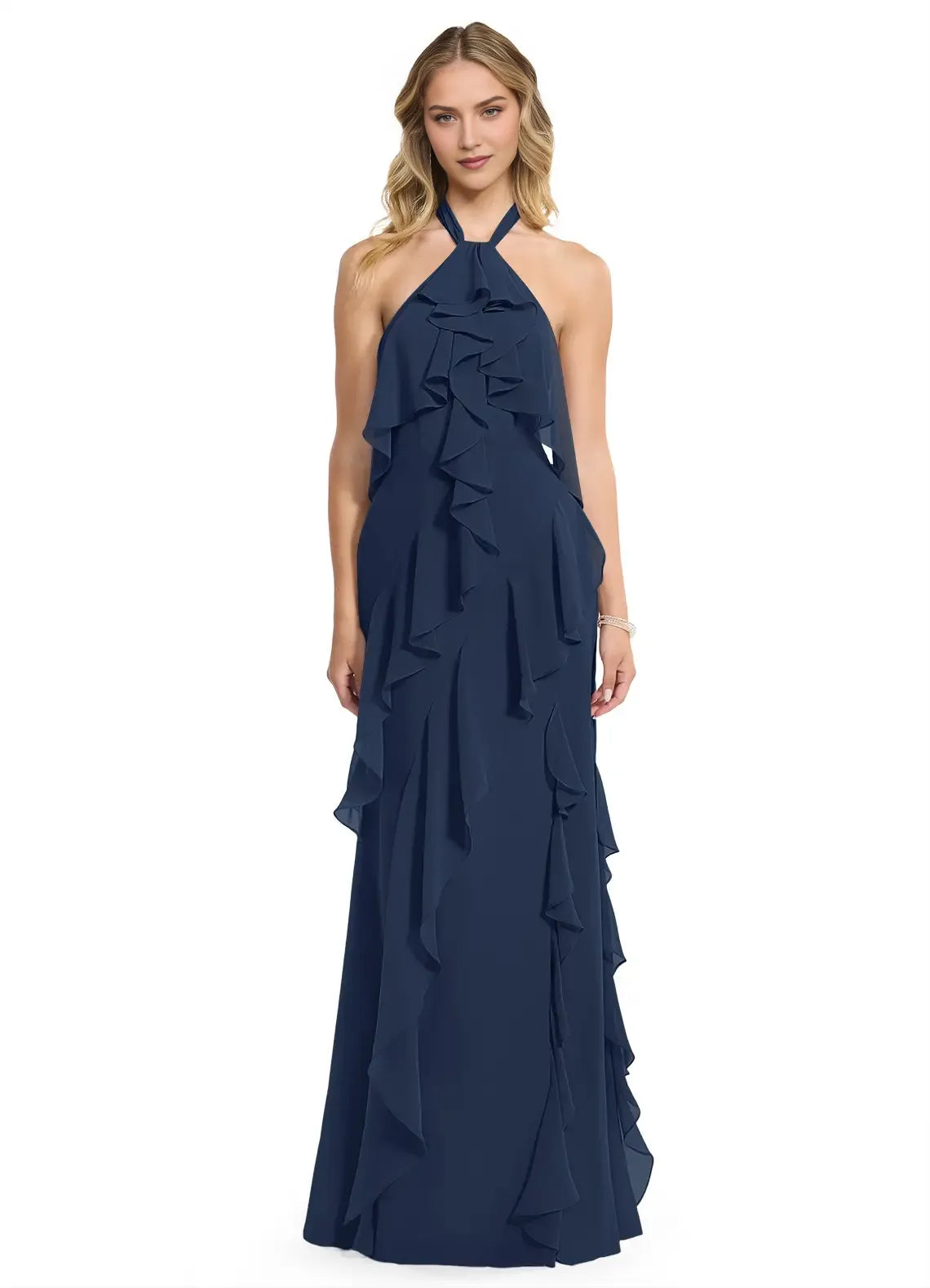 Romantic A-Line Halter Neck Sleeveless Open Back Floor Length Bridesmaid Dress