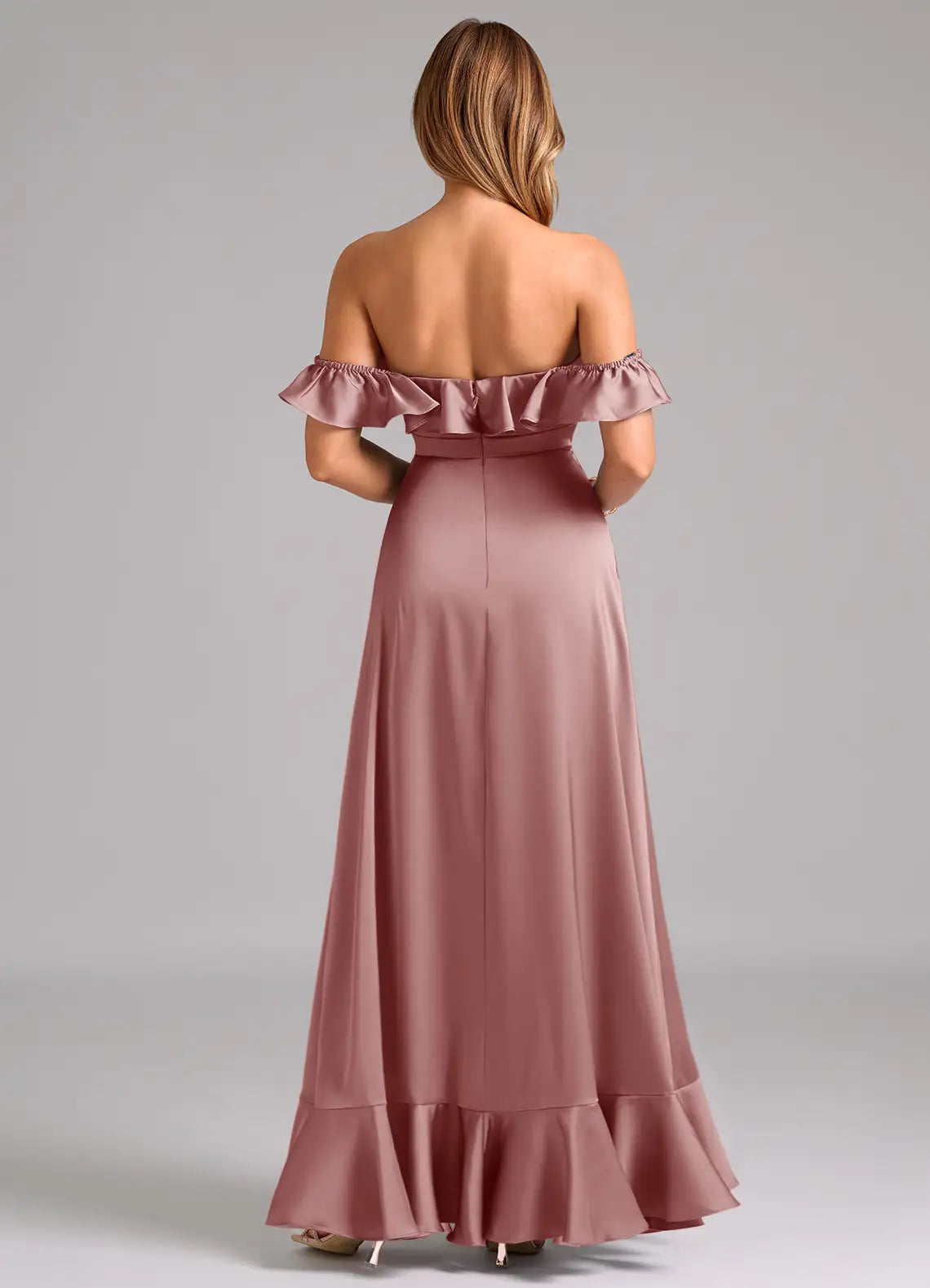 Romantic A-Line Satin Off-The Shoulder Ruffle Sleeve Open Back Floor Length Bridesmaid Dress