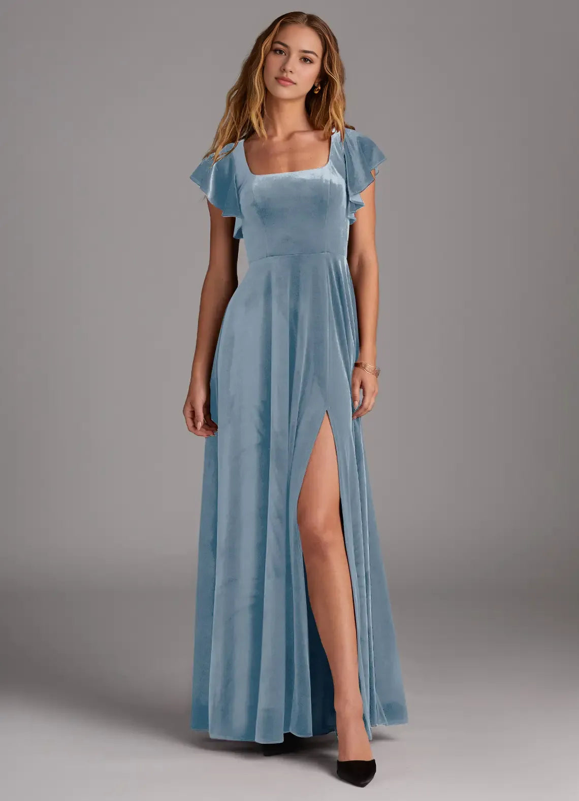 Romantic A-Line Velvet Square Neck Flutter Sleeve Tie Back Floor Length Bridesmaid Dress