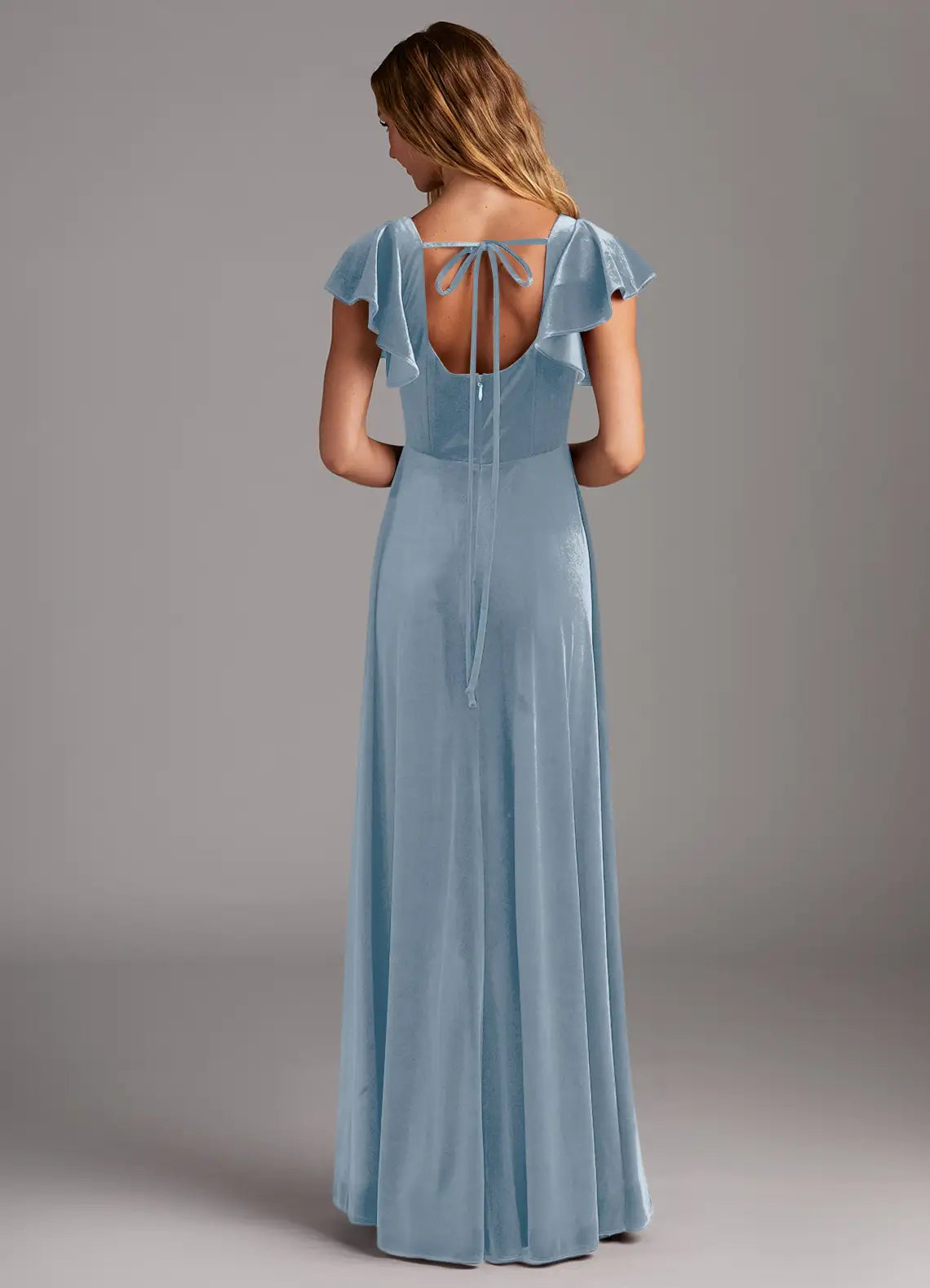Romantic A-Line Velvet Square Neck Flutter Sleeve Tie Back Floor Length Bridesmaid Dress