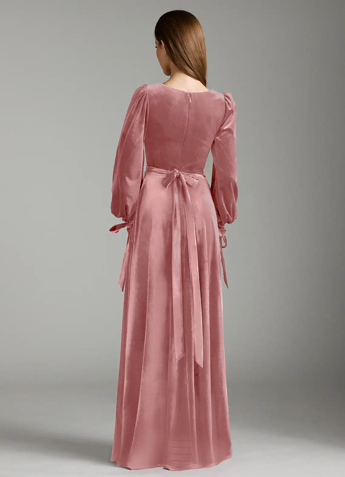 Romantic A-Line Velvet Square Neck Puff Sleeve Zipper Back Floor Length Bridesmaid Dress