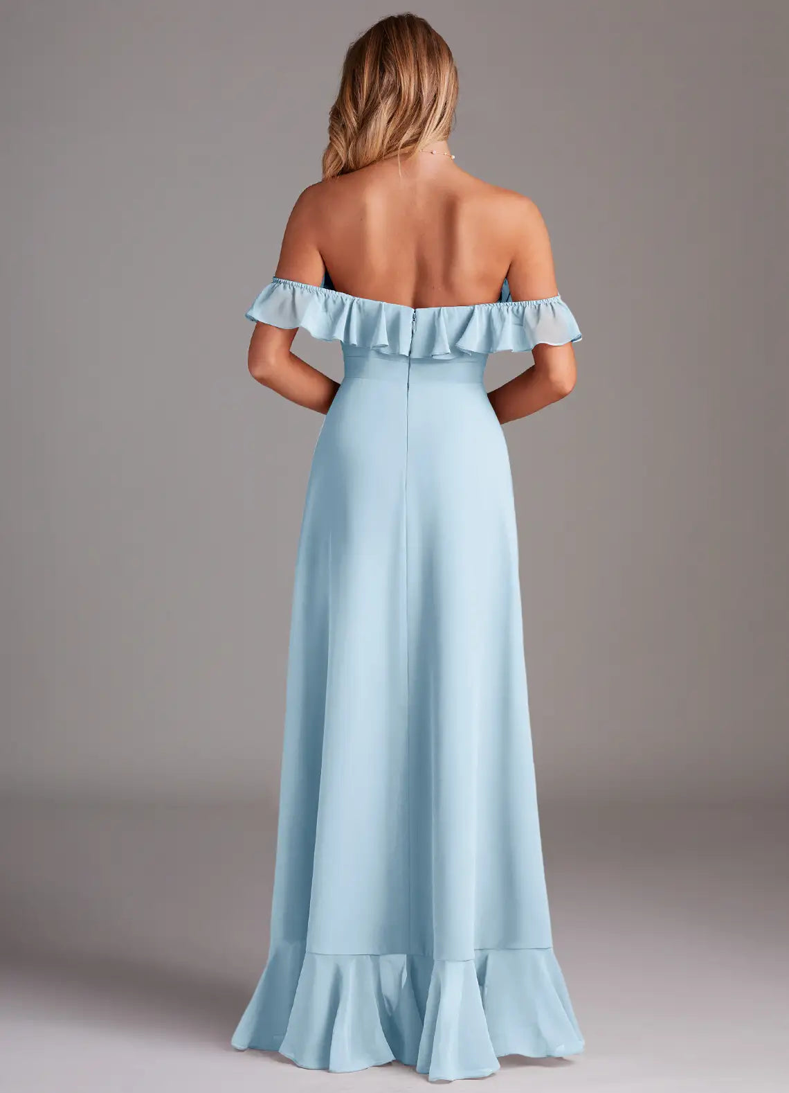 Romantic High Low Chiffon Off The Shoulder Ruffle Sleeve Open Back Floor Length Bridesmaid Dress