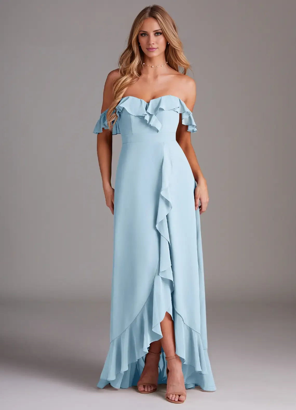 Romantic High Low Chiffon Off The Shoulder Ruffle Sleeve Open Back Floor Length Bridesmaid Dress