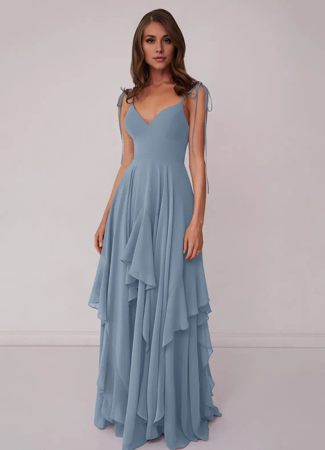 Romantic High Low Chiffon V Neck Spaghetti Strap Lace Up Back Floor Length Bridesmaid Dress