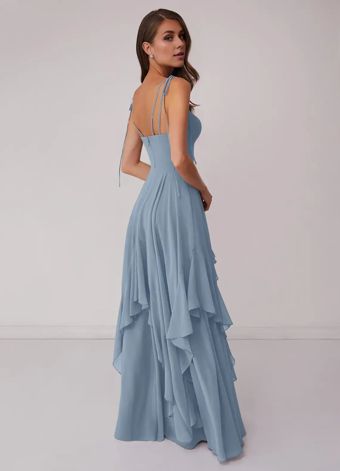 Romantic High Low Chiffon V Neck Spaghetti Strap Lace Up Back Floor Length Bridesmaid Dress