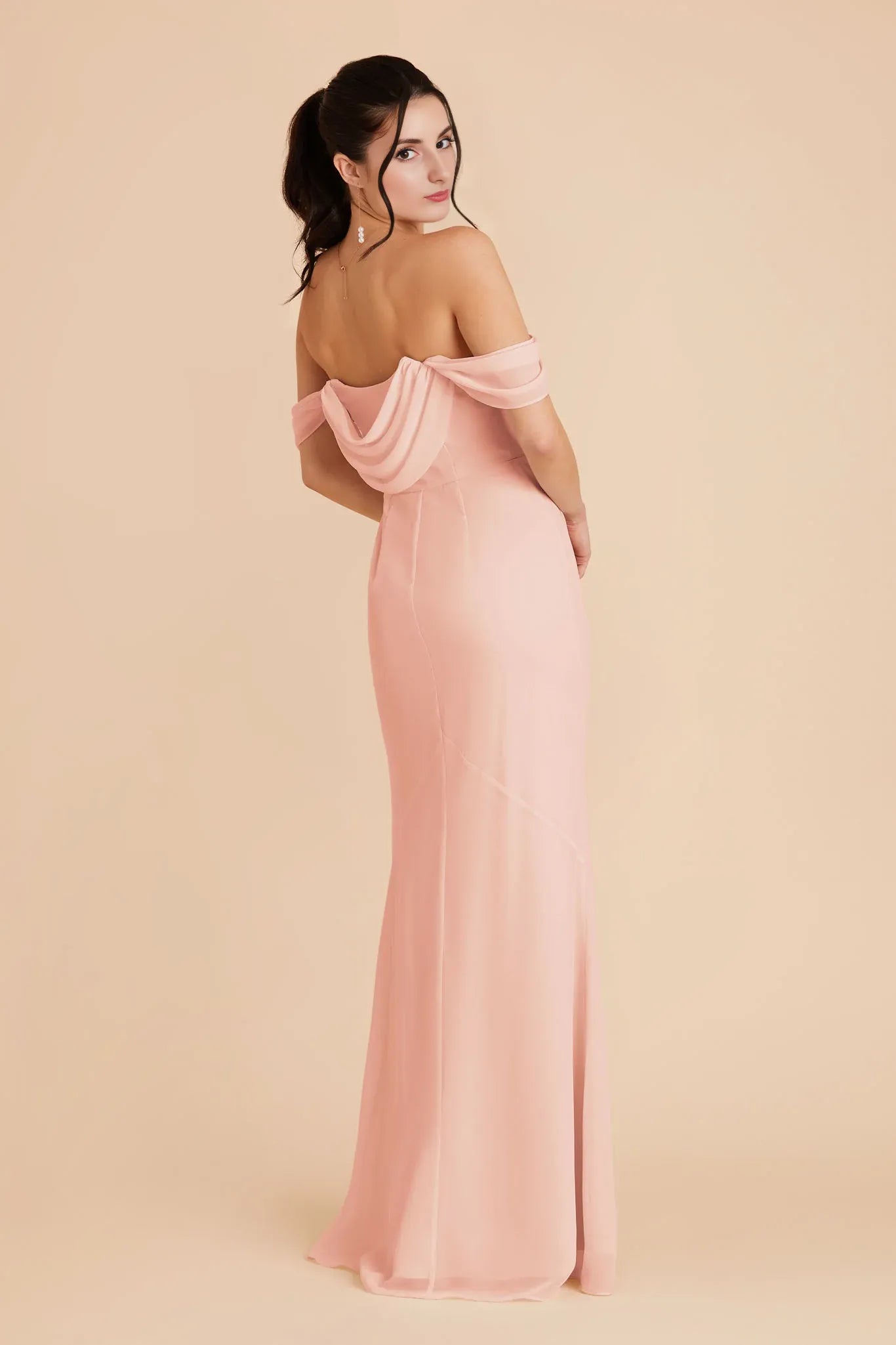 Romantic Mermaid Chiffon Off Shoulder Flutter Sleeve Open Back Floor Length Bridesmaid Dress